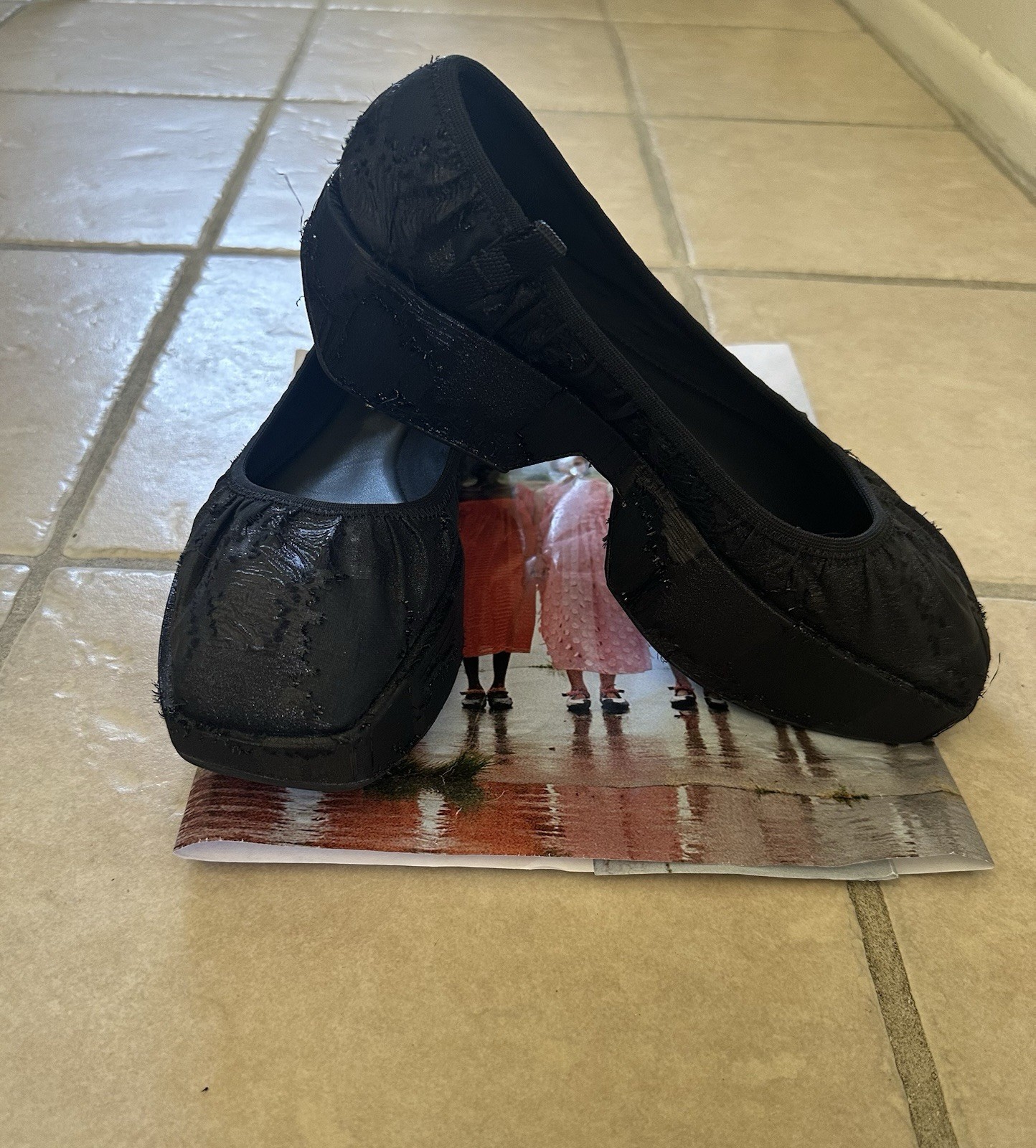 Cecilie Bahnsen Black Ballet Flats Square Toe Slip-On Floral Textured Cotton 9US