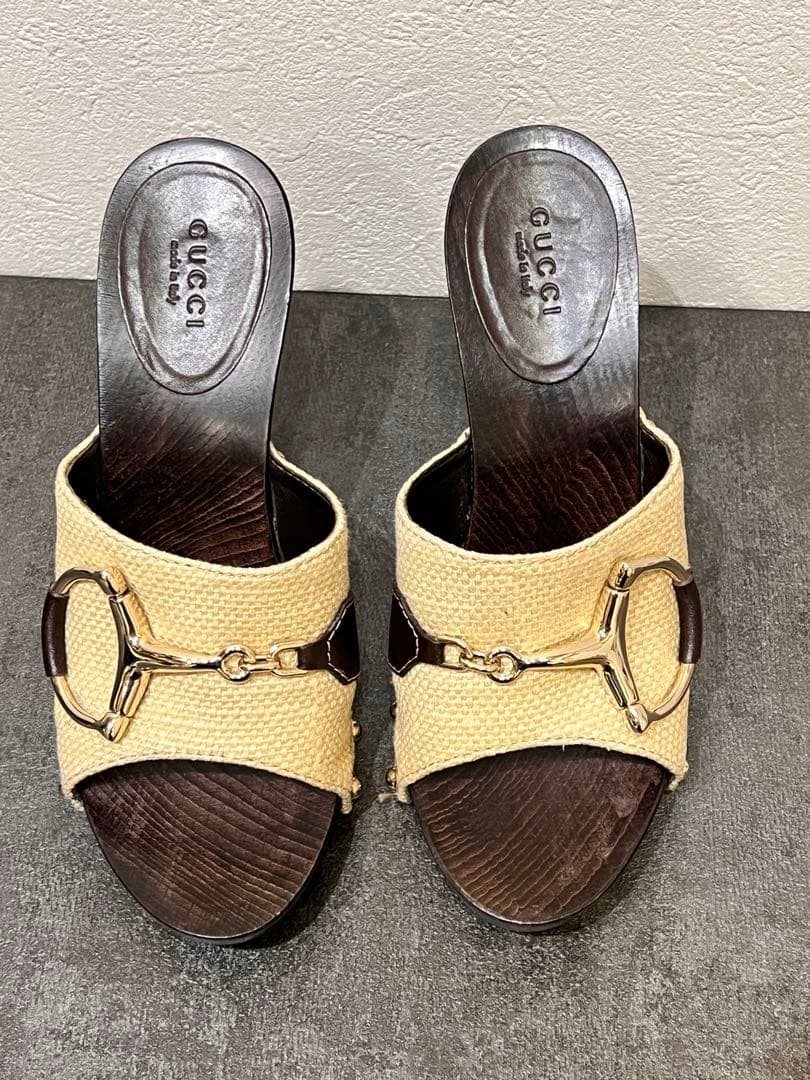GUCCI Horsebit Mules Sandals Size 23cm 9in Brown Canvas Wood Sole
