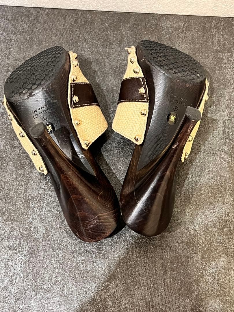 GUCCI Horsebit Mules Sandals Size 23cm 9in Brown Canvas Wood Sole