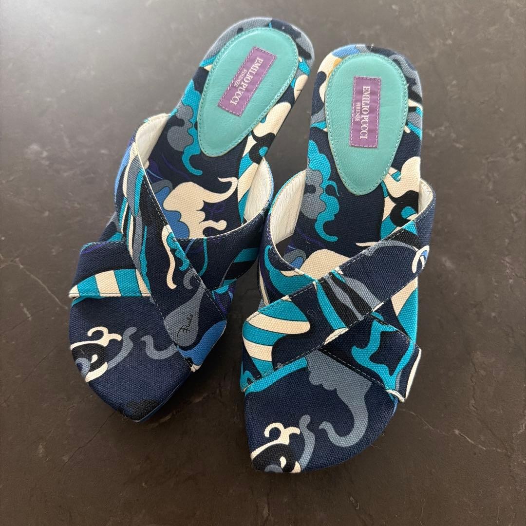 EMILIO PUCCI, sandals, Multicolor, blue, Kitten heel, Geometric, size 35, fabric