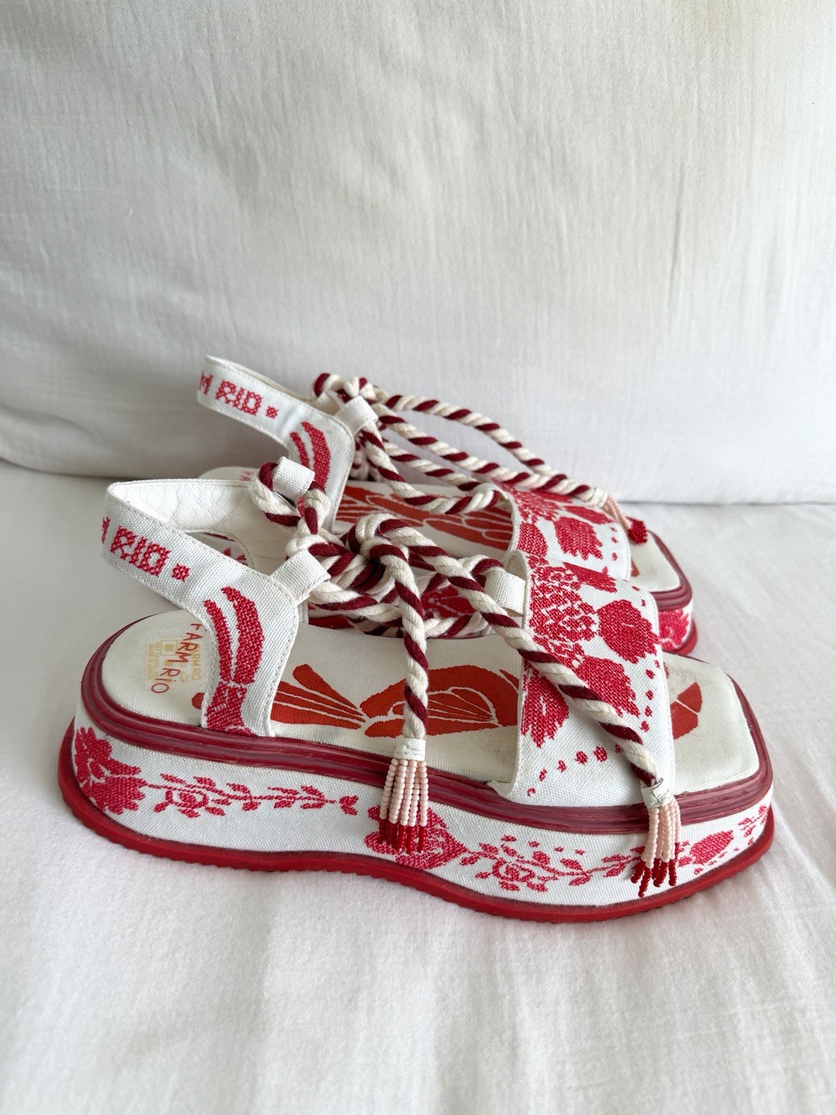 Farm Rio Red & White Embroidered Platform Sandal
