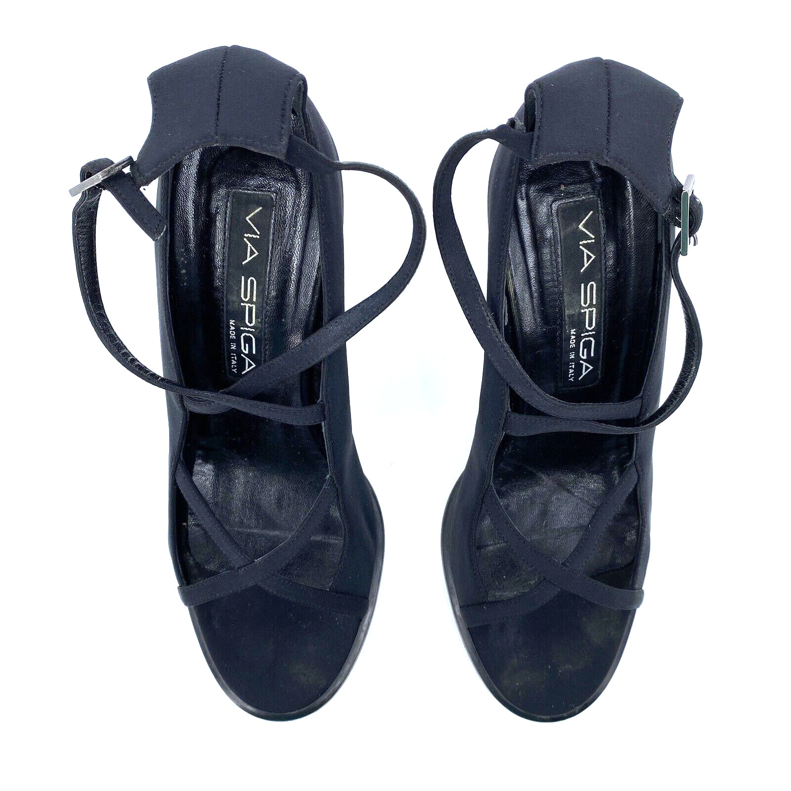 Womens 7.5 M Via Spiga Cage Black Satin Strappy Sandals 3.25″ Heel Made in Italy