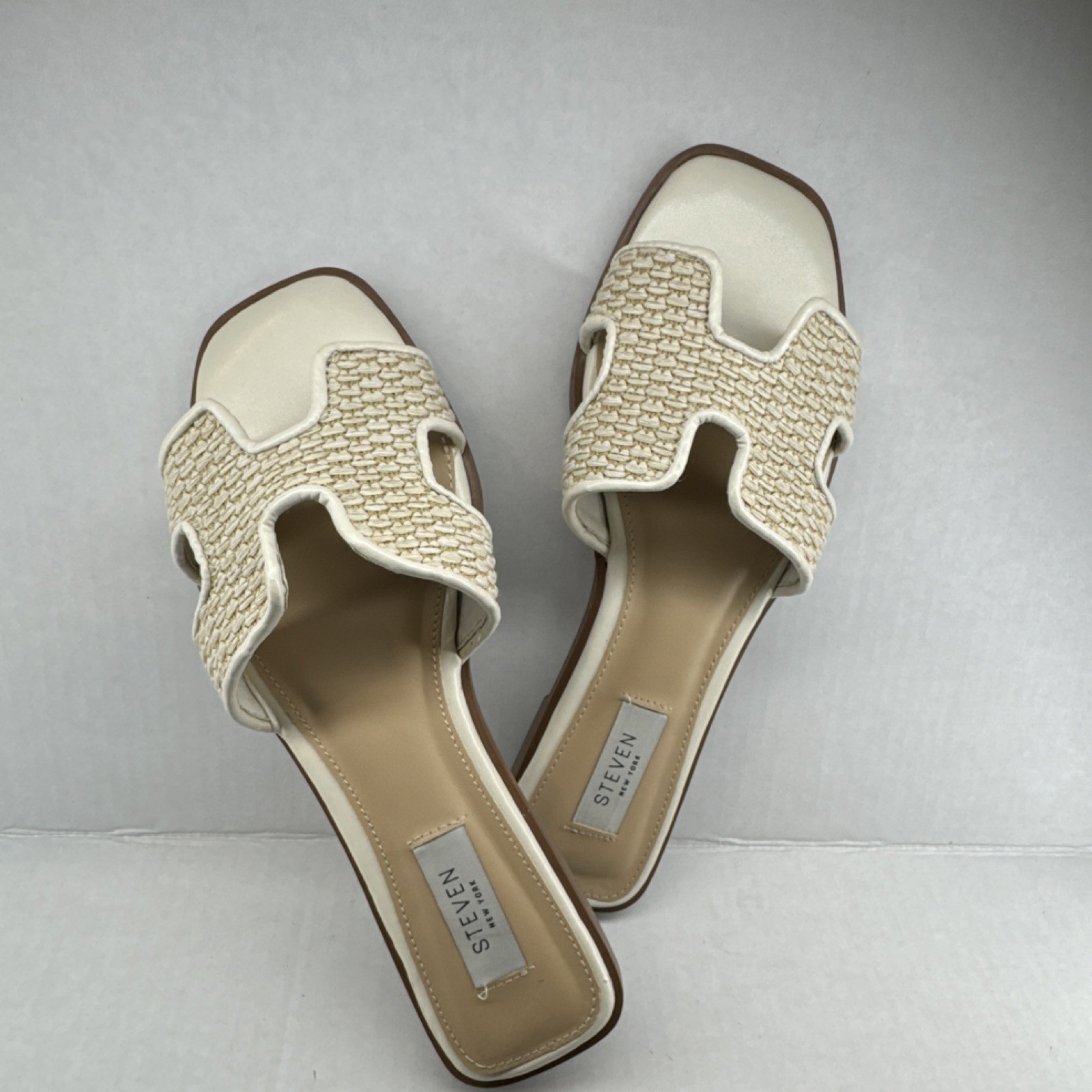 Steven New York Slide Sandals Woven Beige White Textile Women’s US 8