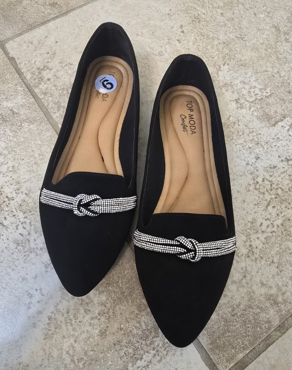 TOP MODA Women’s Black Rhinestone Knot Slip-On Pointed Toe Flats 9 Faux Suede