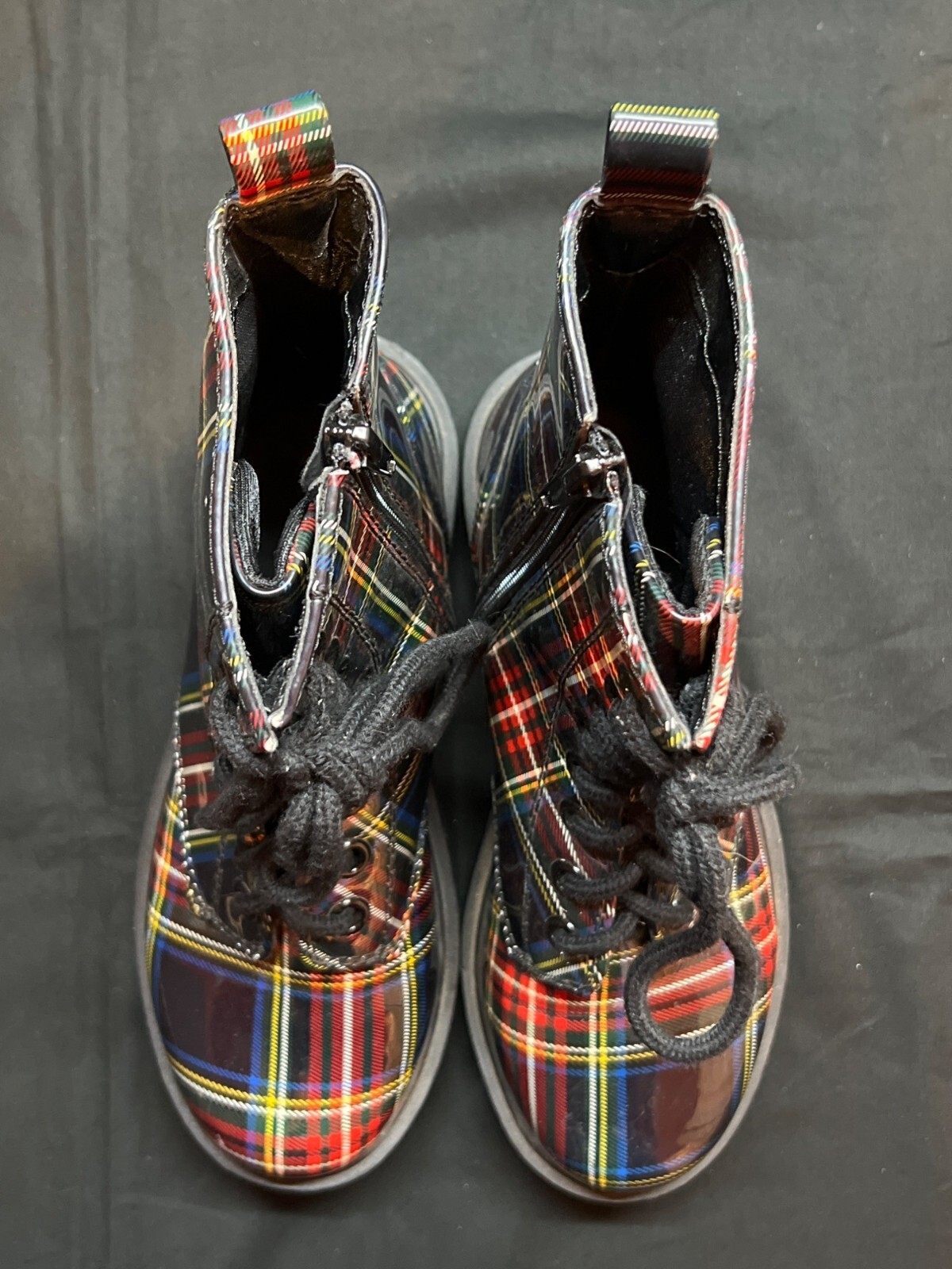 SODA Red & Yellow Plaid High-Gloss Combat Boots With Side Zipper & Lace-Up