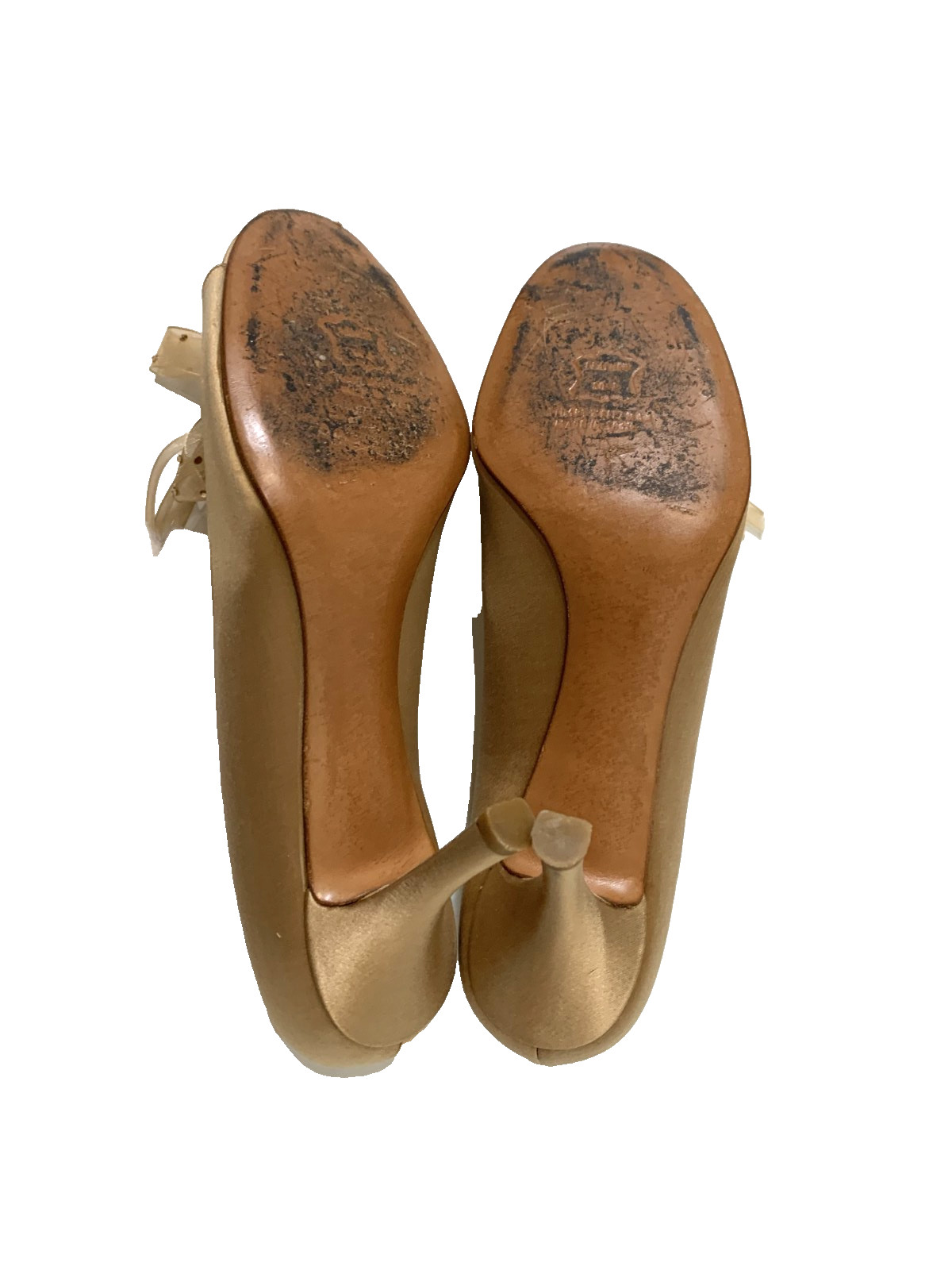 Stuart Weitzman Open Toe Gold Satin Pump With Bow and Rhinestones Size 9.5