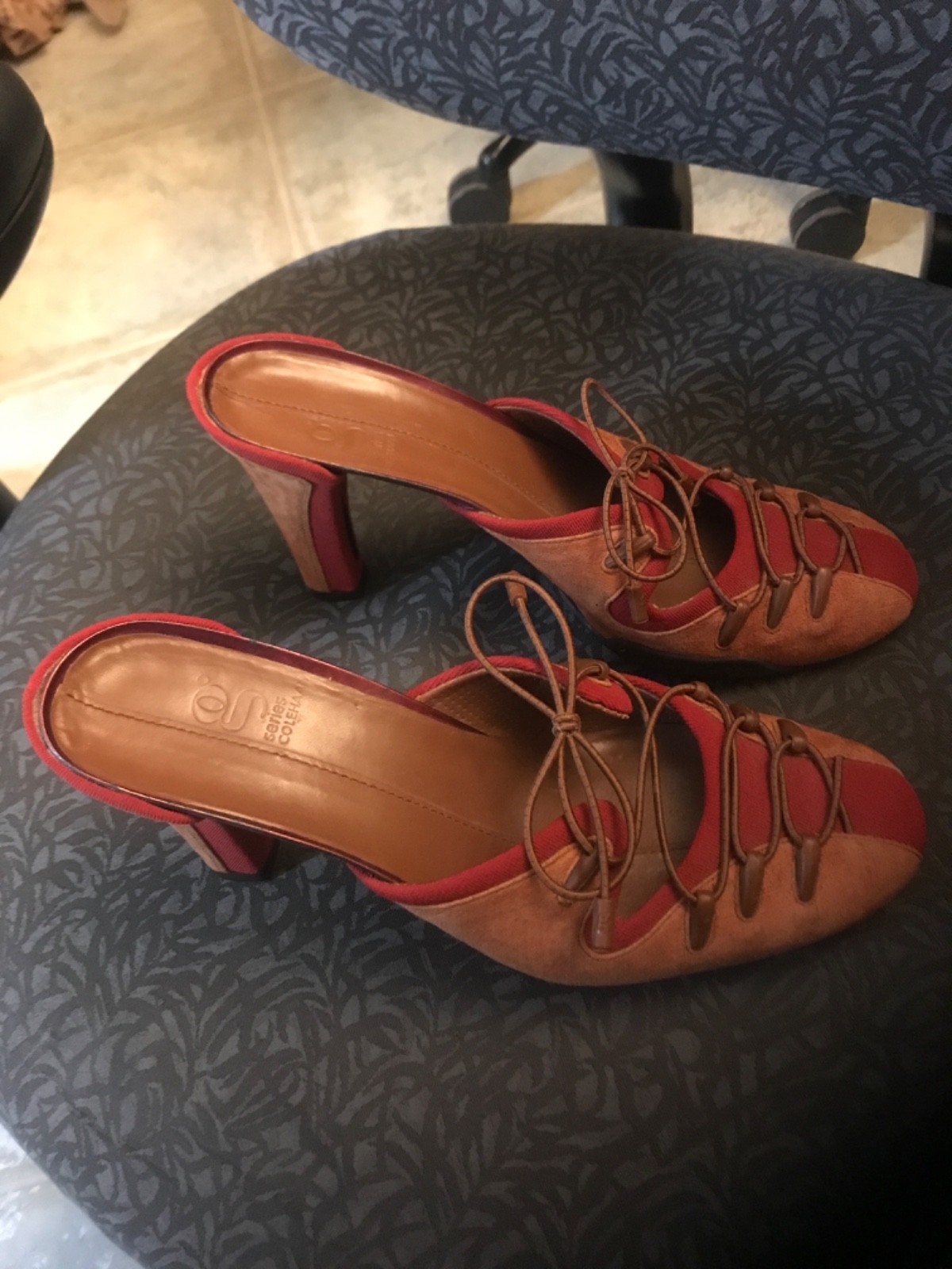 Cole Haan G Series Red Leather, Fabric Lace Up Stiletto Heels Pumps