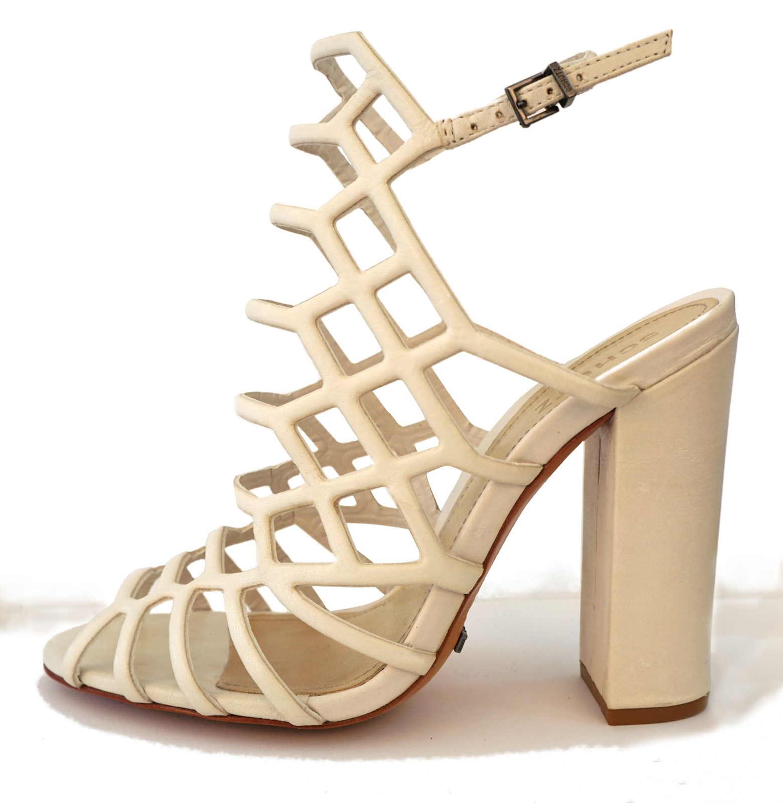 SCHUTZ 9.5 Jaden Pearl Off White Caged Leather Block Heel Sandals NIB