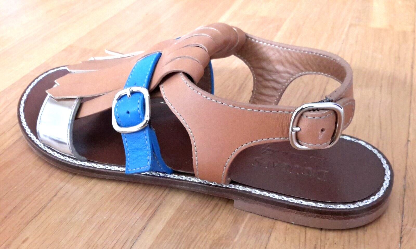 NEW DOUCAL’S LUXURY ITALIAN DESIGNER sandals moccasin tan blue silver IT35 US5 3