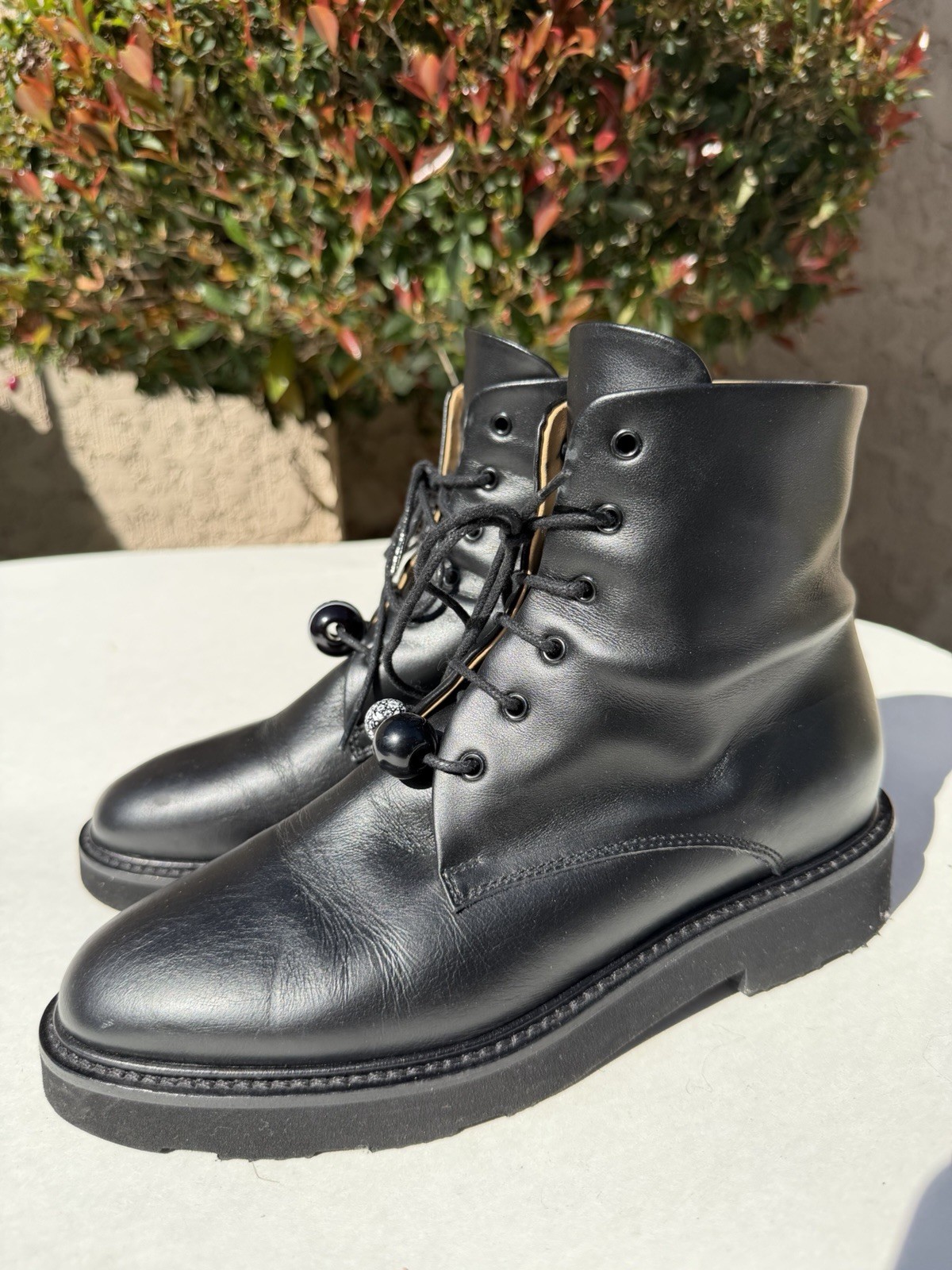 Dear Frances Park Black Smooth Leather Lace up bead Combat Boots Size 36 USA 6