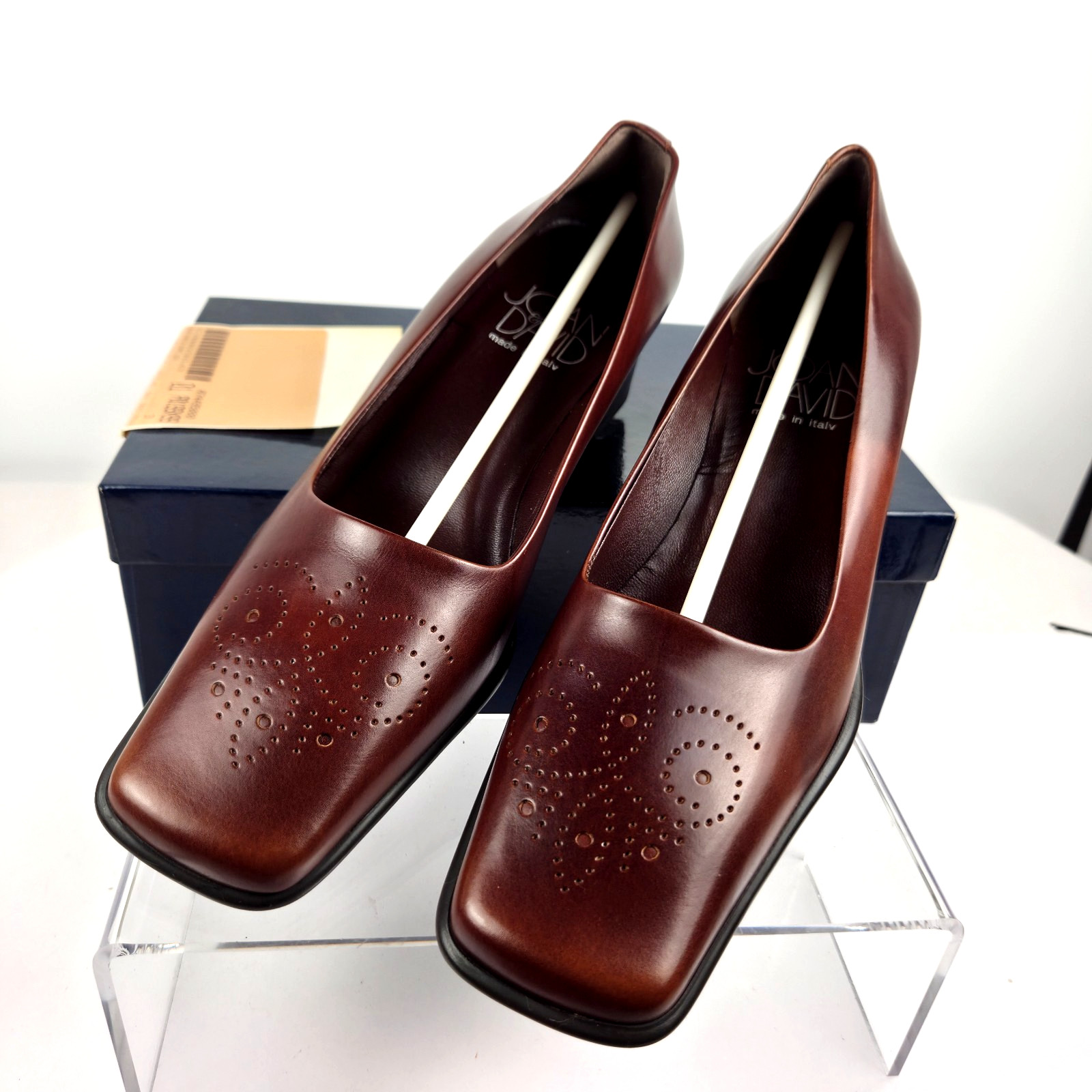 Joan & David Walnut Brown Leather Square Toe Block Heel Pumps 8.5M Italy VTG NOS