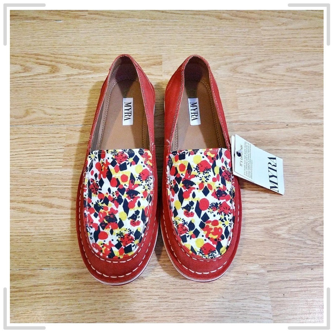 MYRA Women’s Red Multicolor Cherry Geo Print Leather Slip-On Comfort loafers