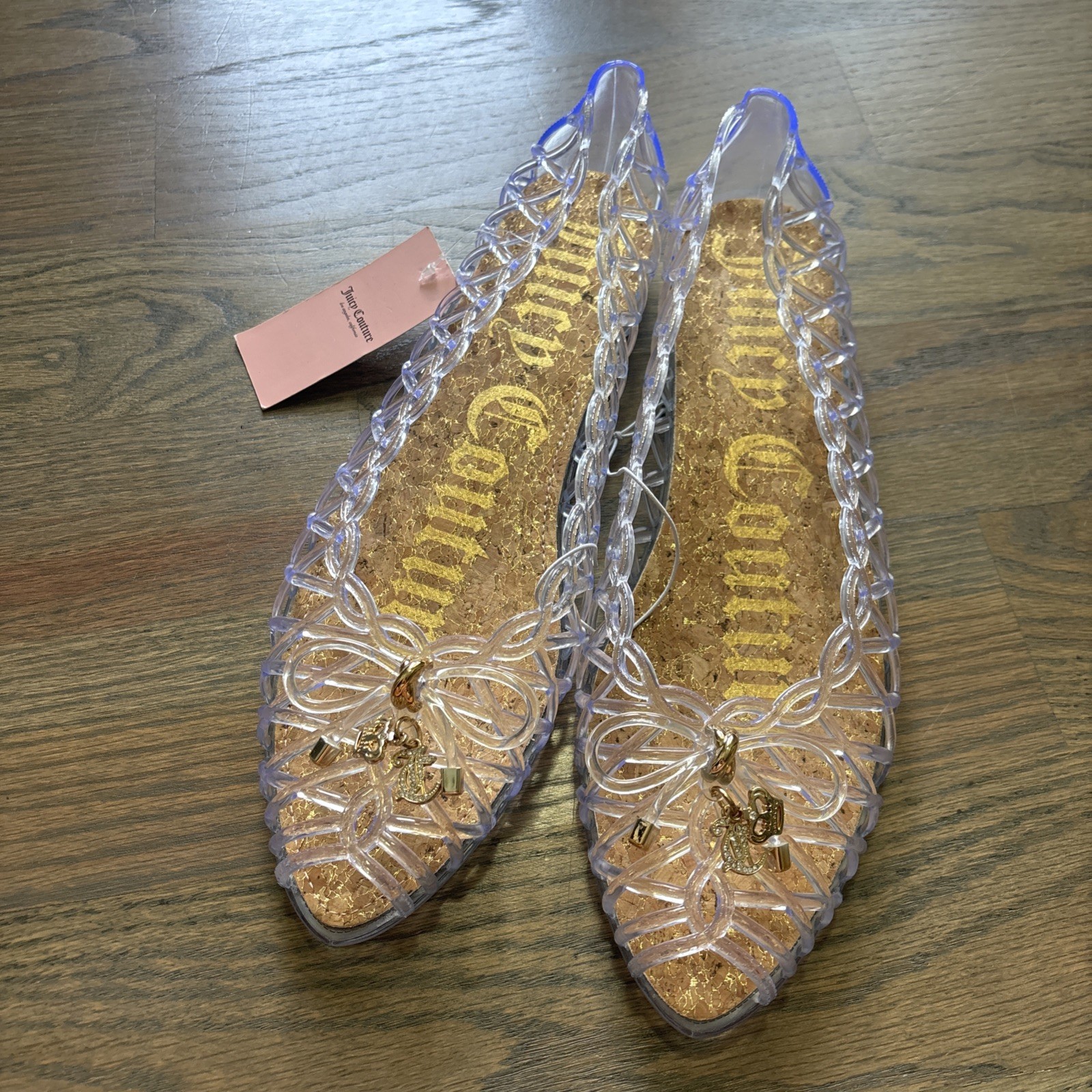Juicy Couture Clear Jelly Ballet Flats Cork Insole Bow Charm Womens 11