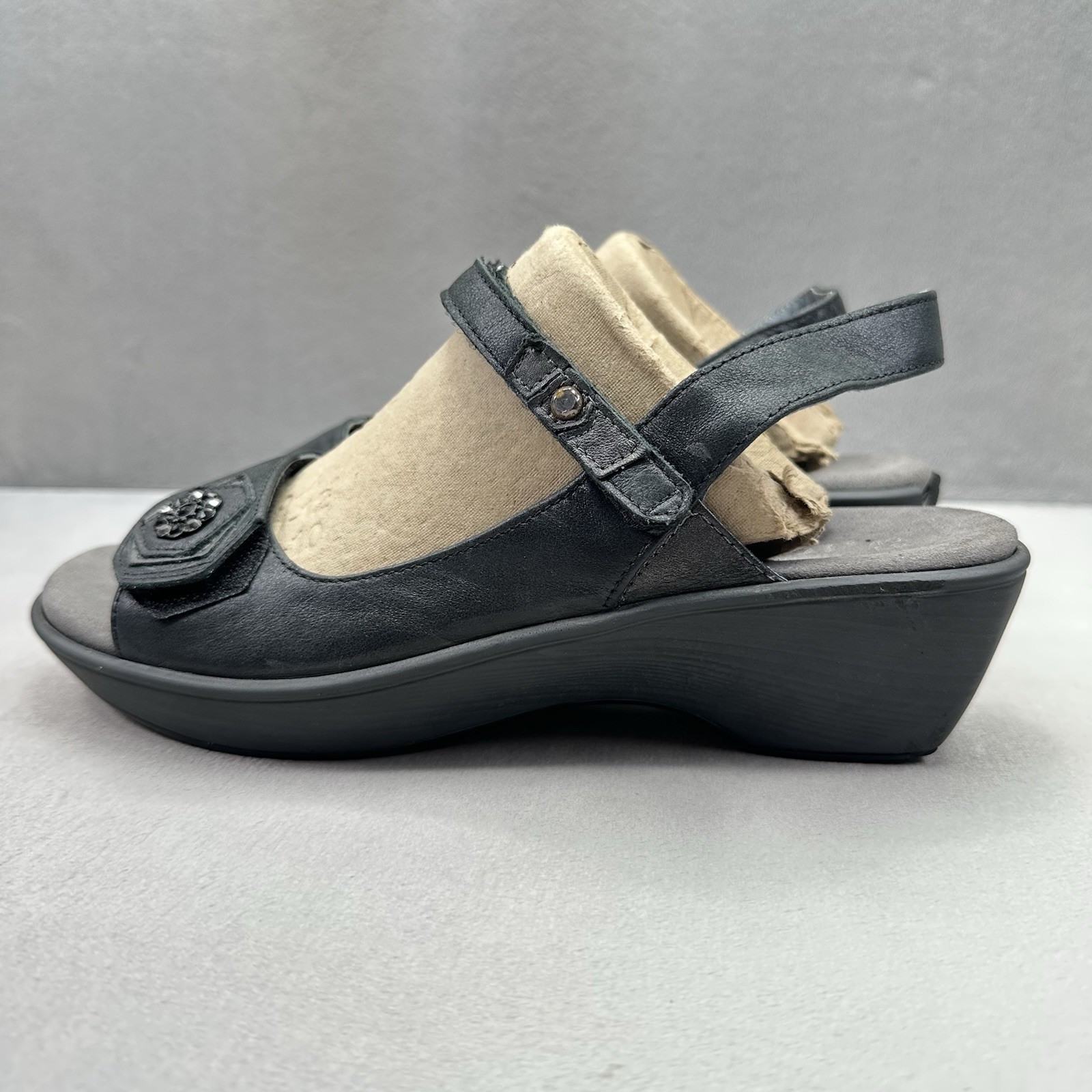 NAOT Reserve Womens Size 9 (EU 40) Wedge Sandals Black Leather Rhinestone Jewel