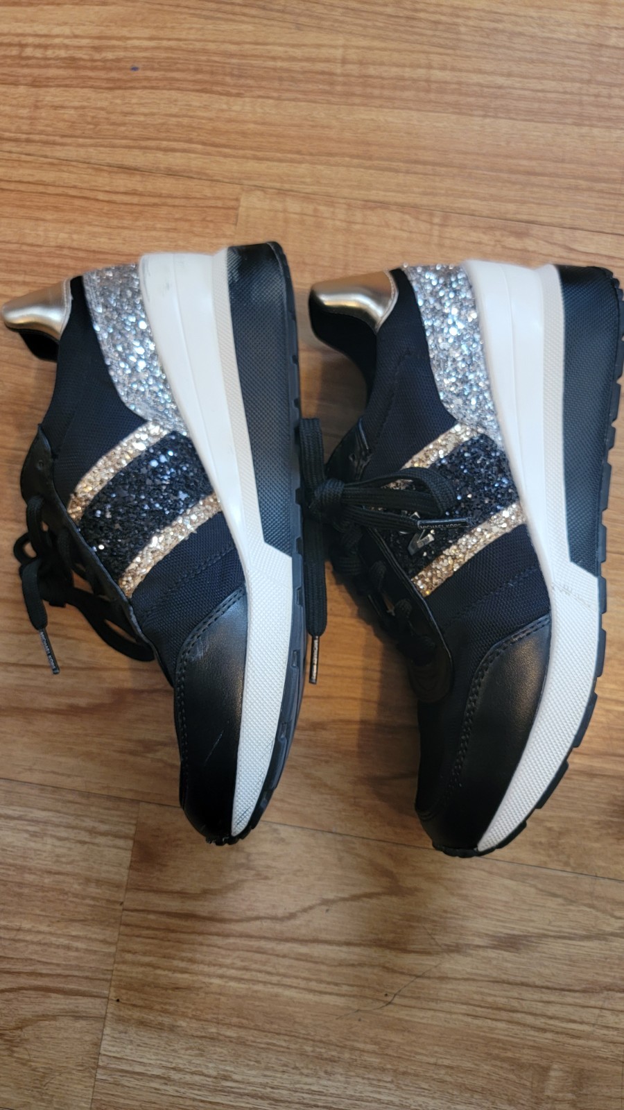 Michael KORS MABEL black/Gold GLITTER MK LOGO WEDGE TRAINER SNEAKERS 7m/8w