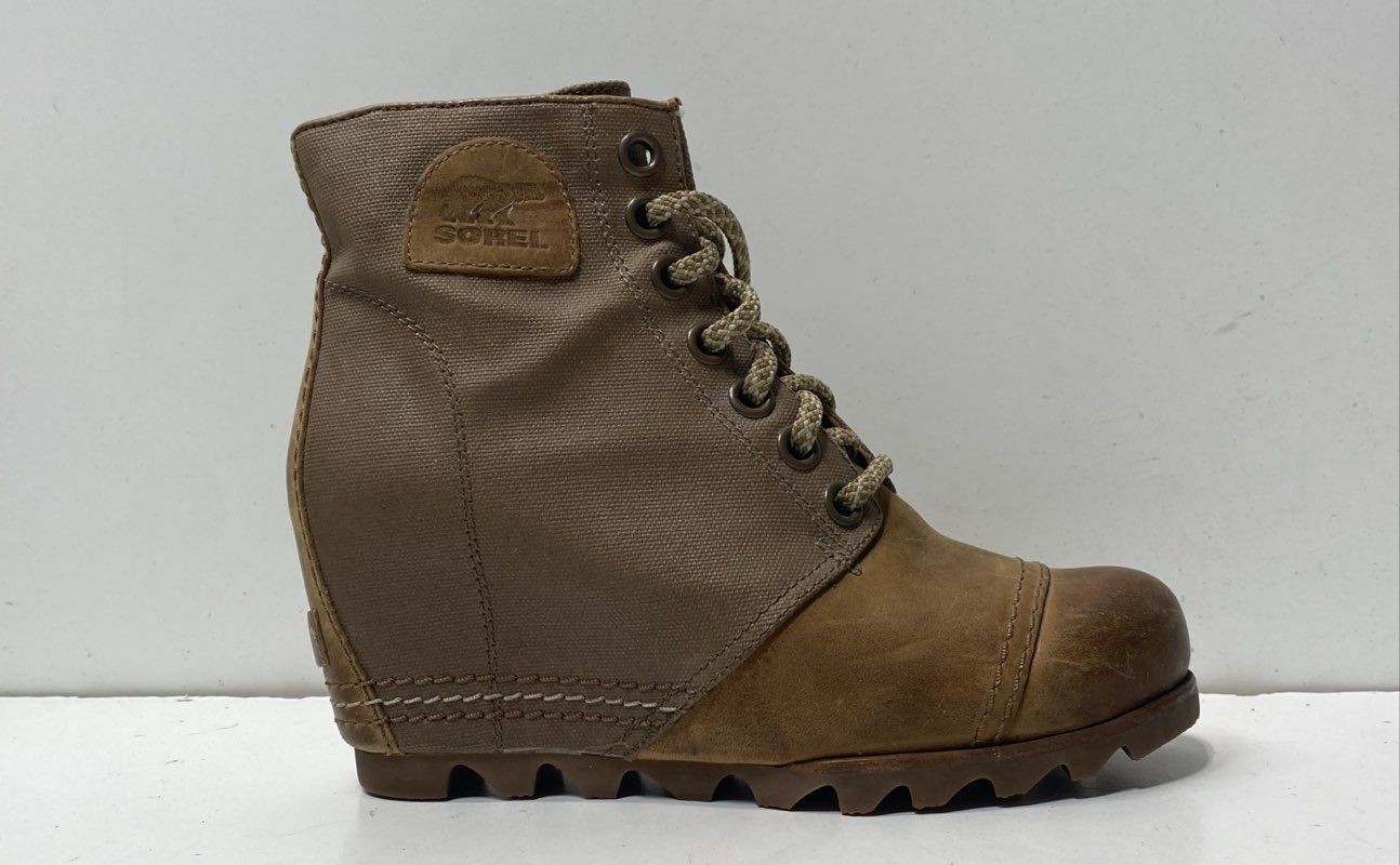 Sorel Lea Wedge British Tan Major Canvas Leather Ankle Boots Women’s Size 7