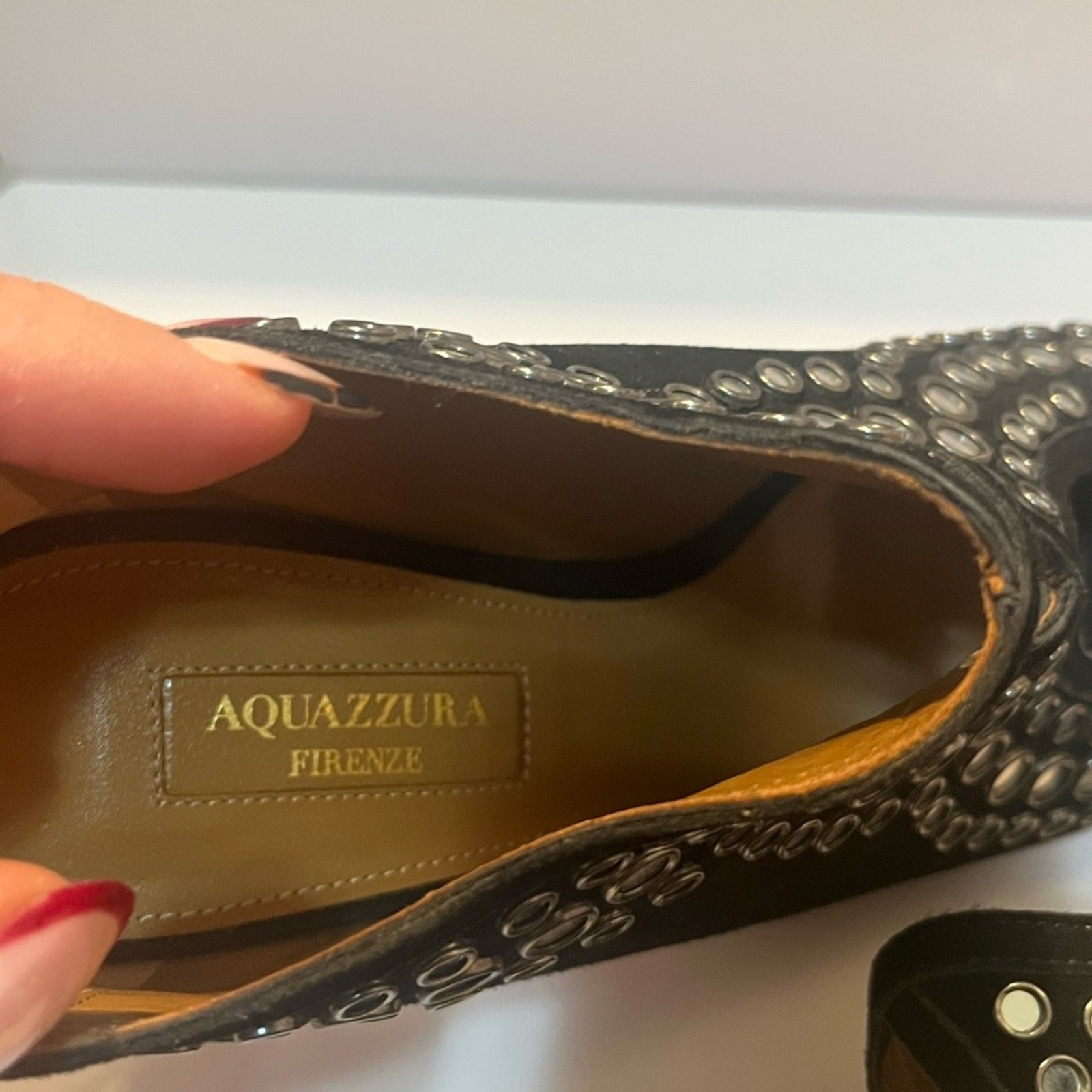 Aquazzura Disco Studded peep toe black suede shoe size 38 pre-owned. #10213