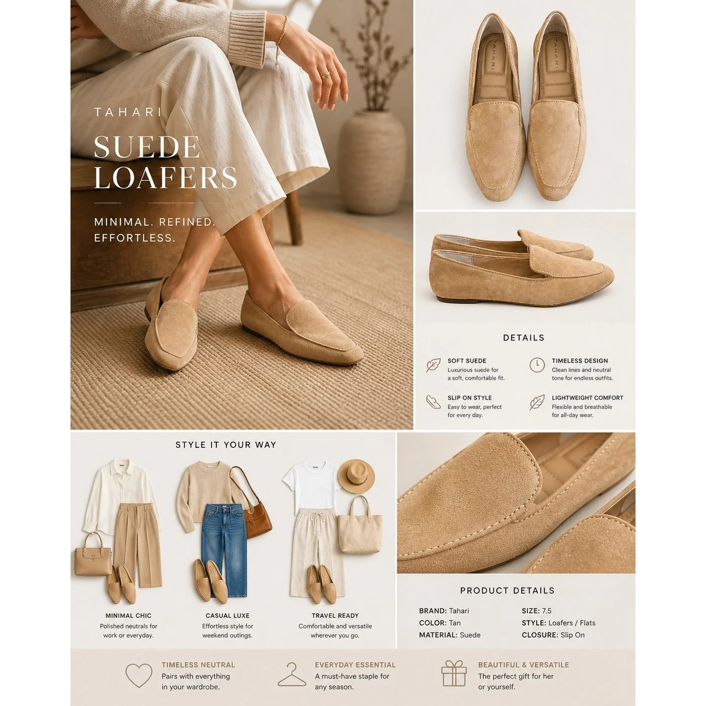 Tahari Tacey Suede Loafers Women 10 Tan Slip On Flats Classic Minimal