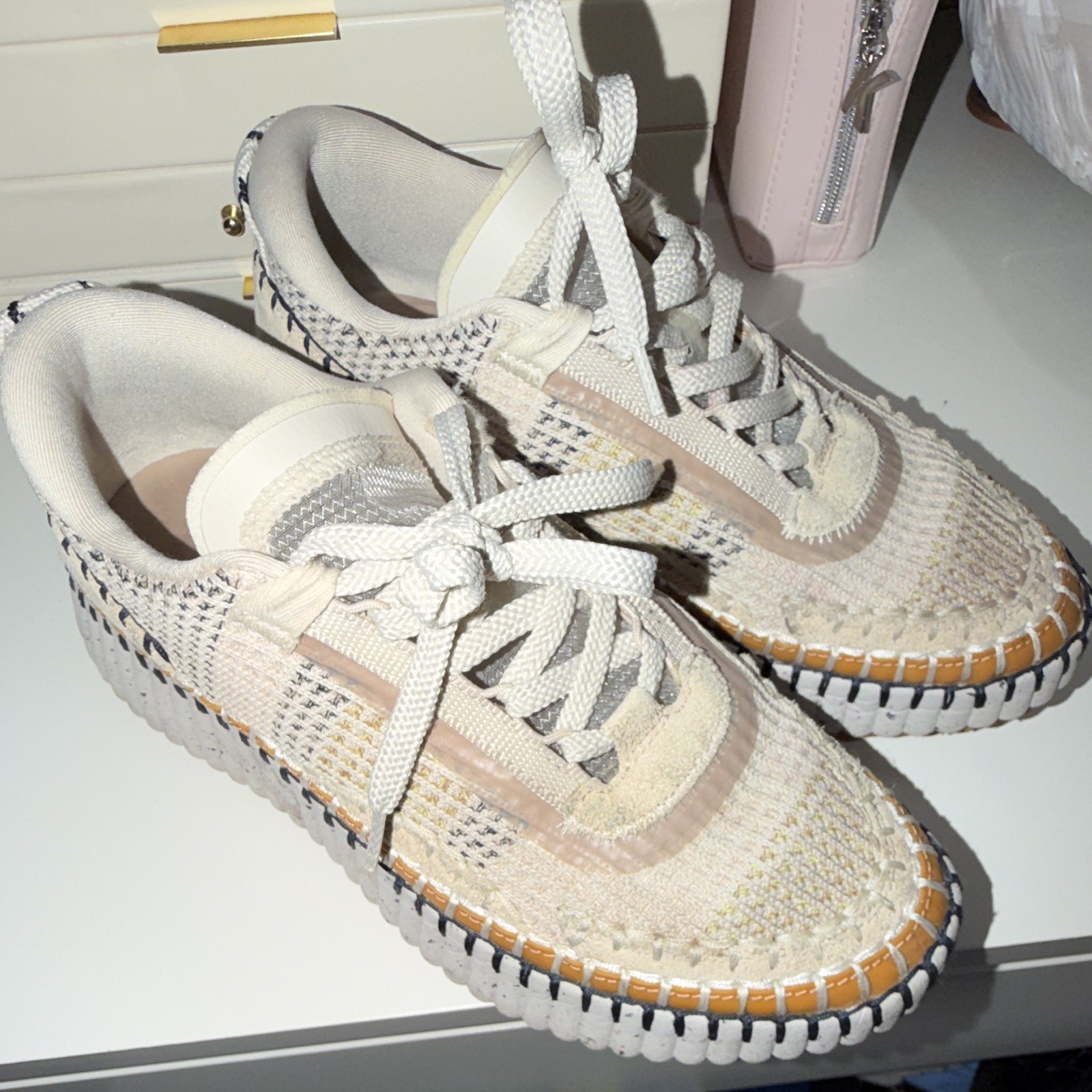 Chloé Women’s Low Top Knit Lace-Up Sneakers Colorblock Beige White Black