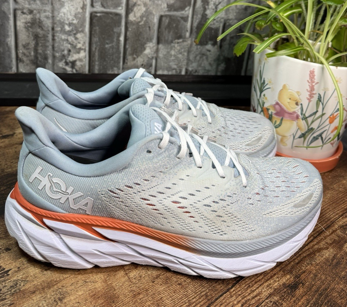 HOKA ONE ONE Clifton 8 Women’s Gray/Orange/White Low Top Lace-Up Logo Mesh