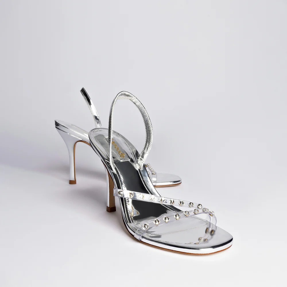 $400 LARROUDE Annie Sandal Silver Specchio Swarovski Crystals HEEL 8.5 (DB37)