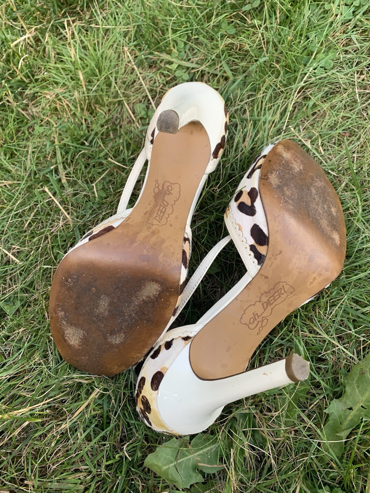 Oh…Deer! Women’s Ivory Brown Leather Animal Print Peep Toe Pumps 6