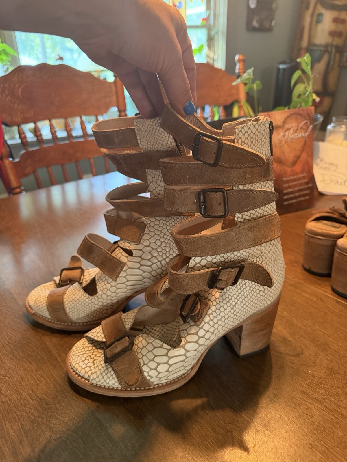 Freebird by Steven Strappy Buckle Zip Block Heel Leather Snake Sandals 7