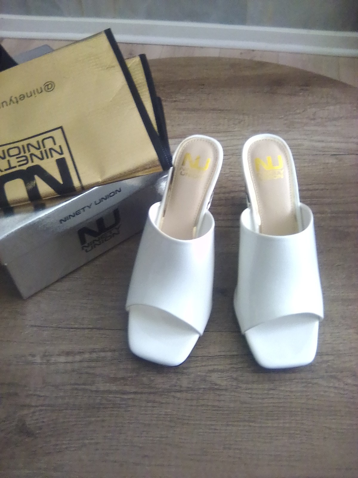 Ninety Union Women’s White Patent Leather Slip-On Open Toe Mule Heels