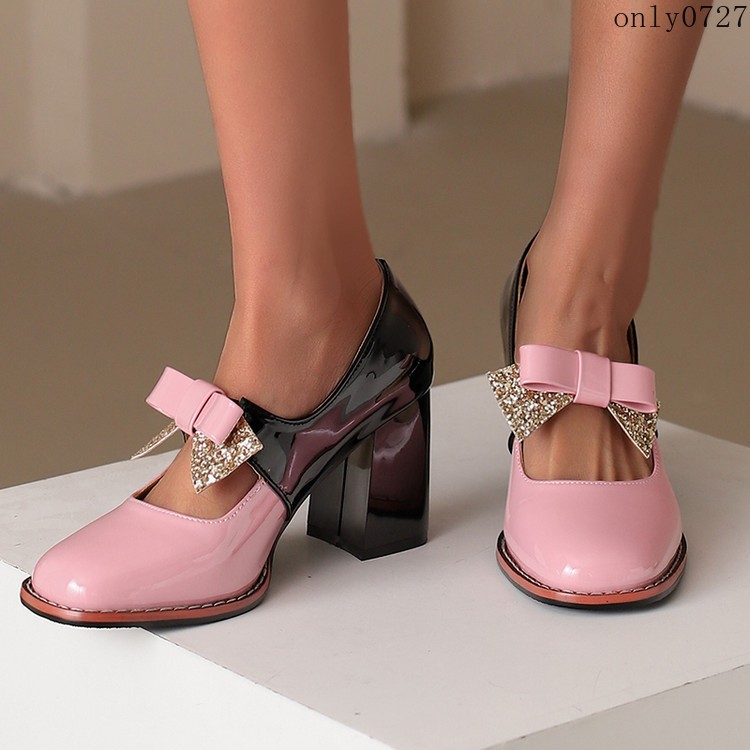Women’s Colorblock Shiny Faux Leather Bowknot Sequins High Block Heel Shoes Plus