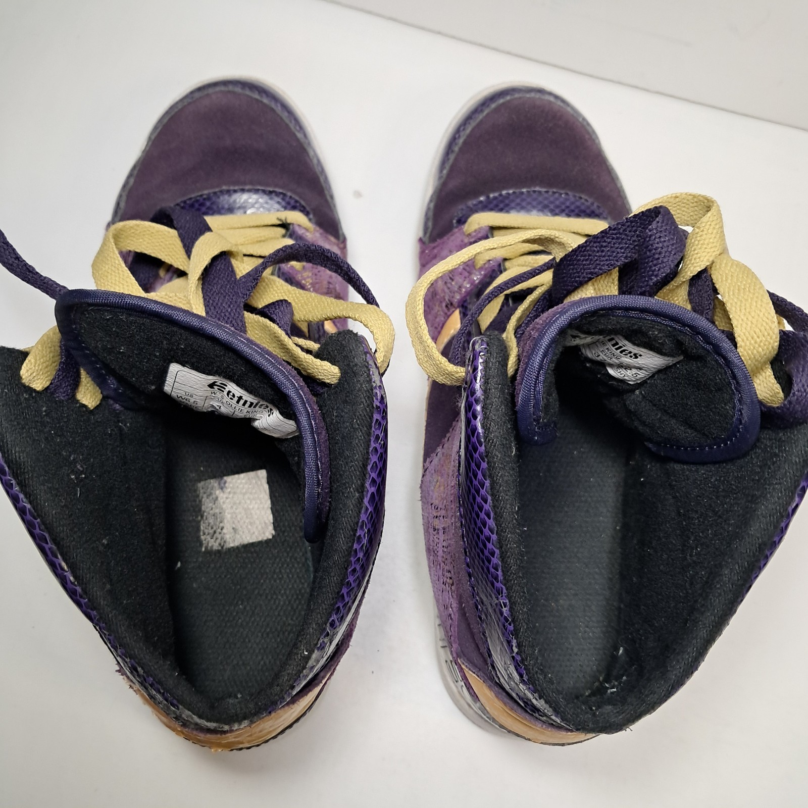 Vintage ETNIES High Top Skater Shoes Size 6.5 Ollie King, Purple & Gold