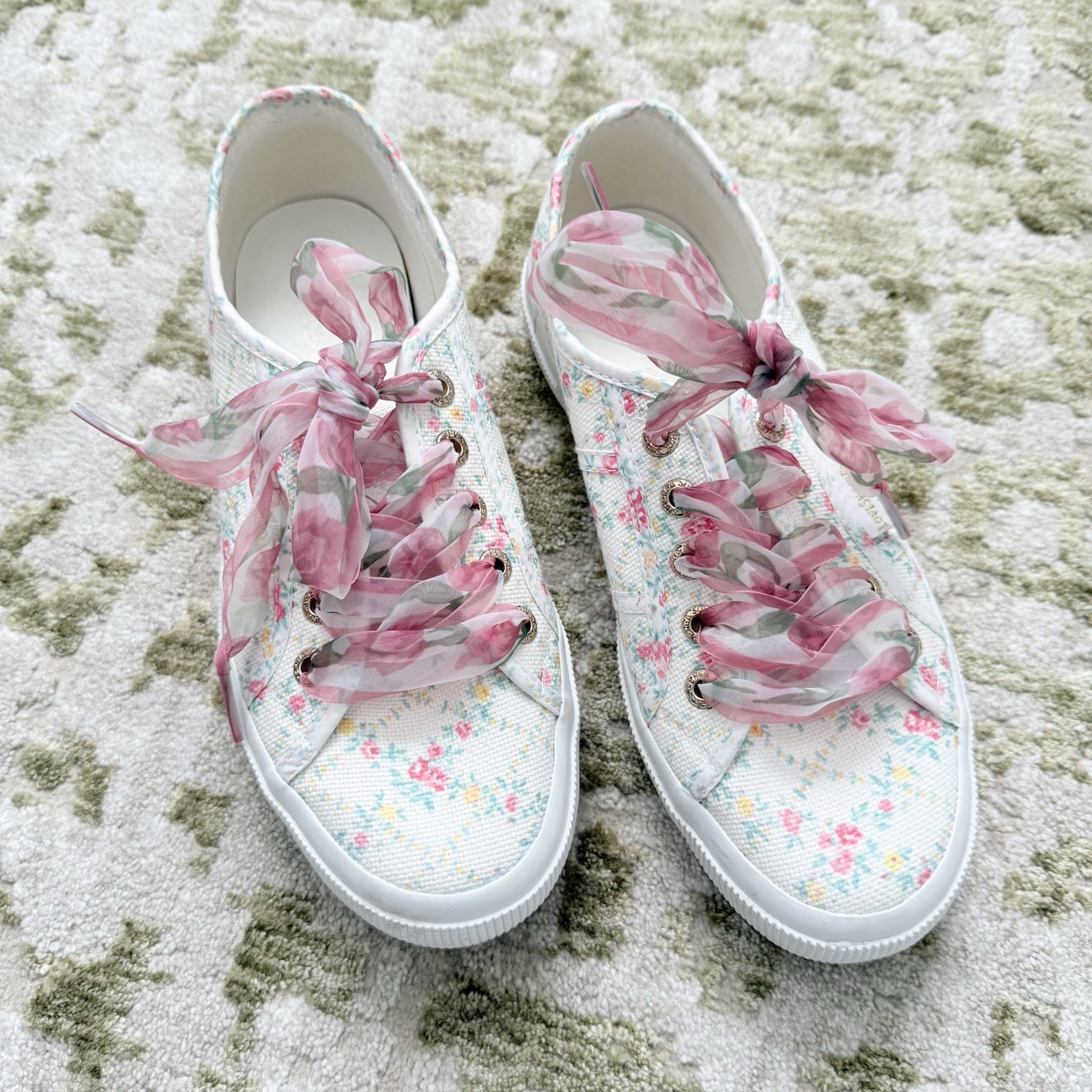 Superga x LoveShackFancy Floral Ribbon Sneakers Size 37 White Pink