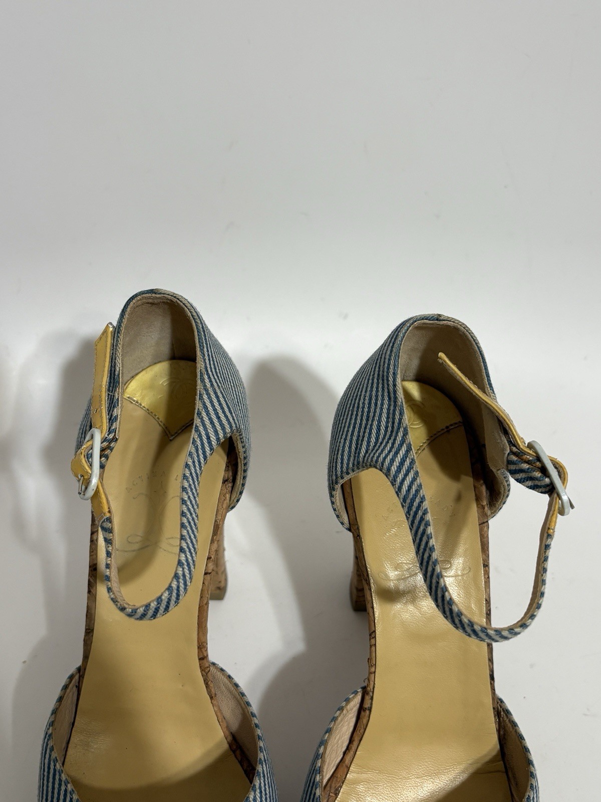 Vtg Chanel Blue CC Logo Striped Platform Heels 37