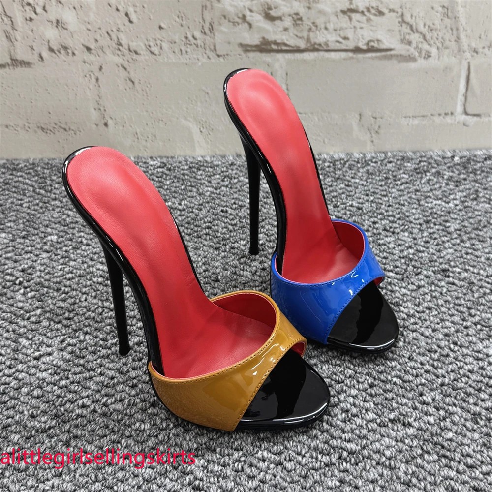 Women 16cm Mules Sexy Stilettos Slippers Patent Leather Summer High Heels Pumps