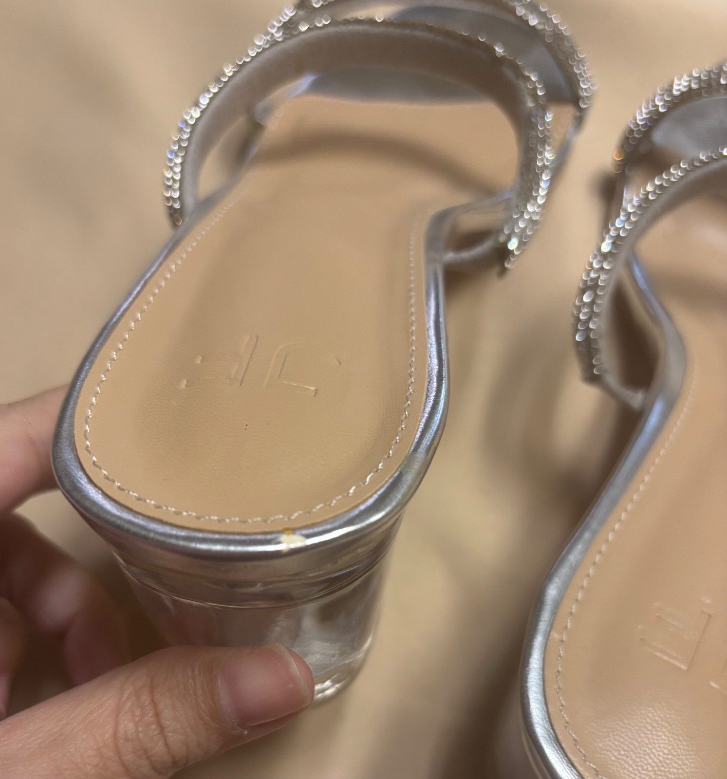 JustFab Block Heel Women’s Silver Chloe Slip On Strap Beaded Clear Sz 10 READ