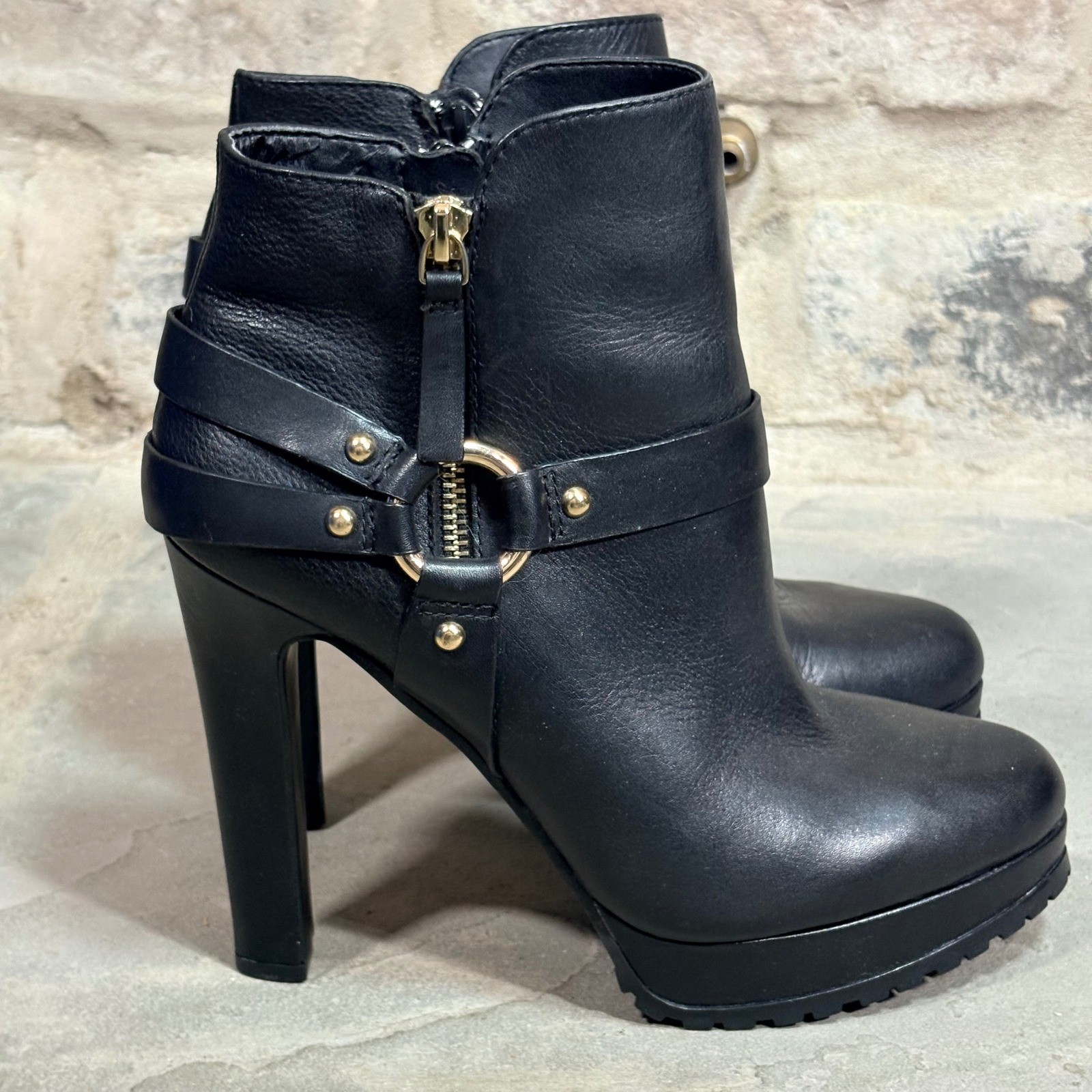 Gianni Bini Molle Womens Black Leather Harness Platform Ankle Boots Heels 9.5M