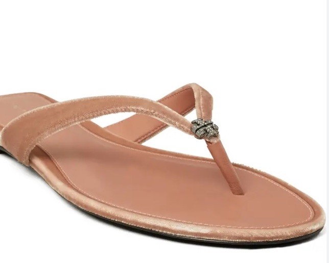 TORY BURCH Classic Crystal Pave Logo Velvet Flip Flop Sandals Vintage Rose 7.5