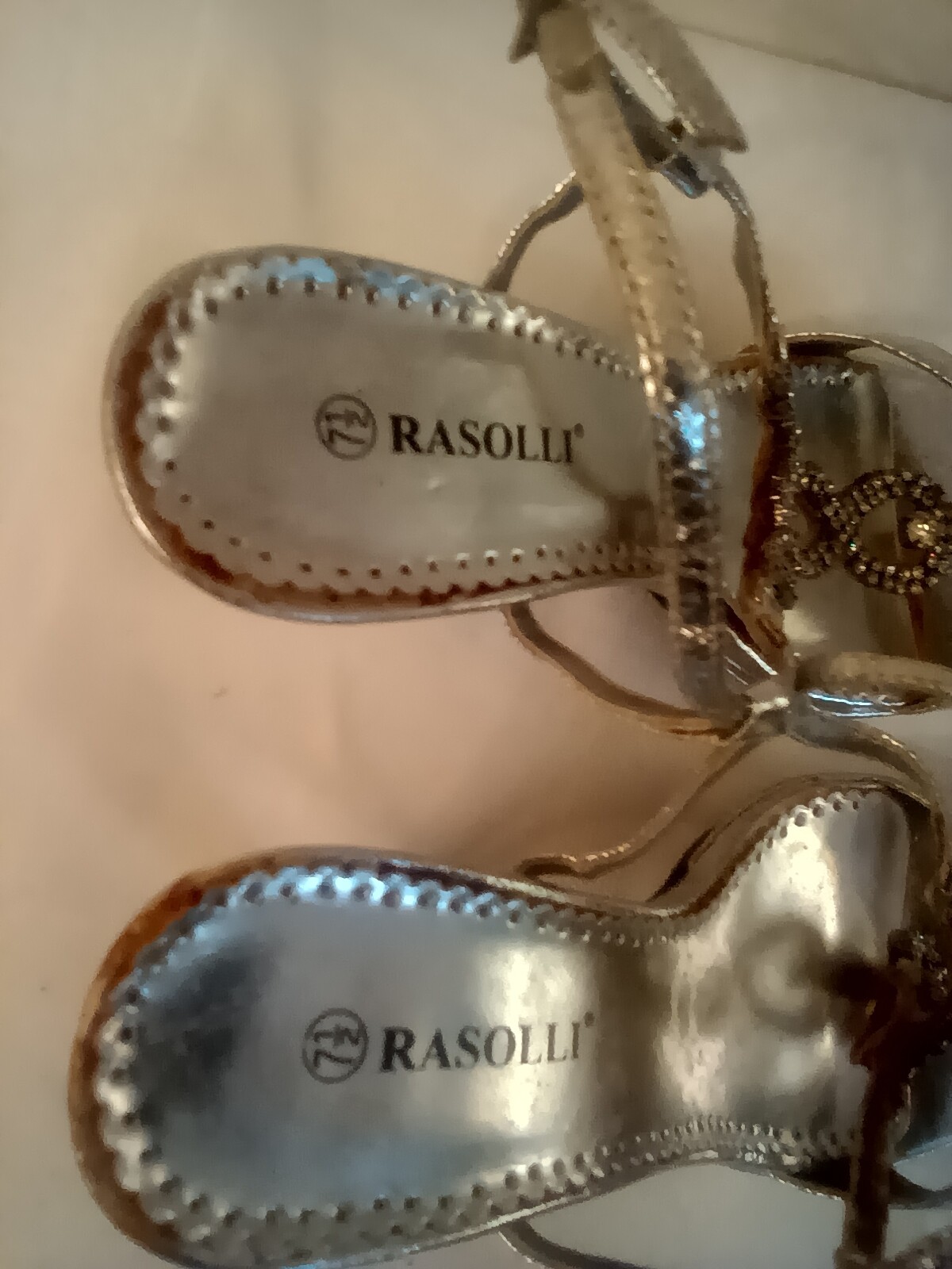 Rasolli silver t-strap slingback heels 7.5M 3″ heel rhinestones buckle man made