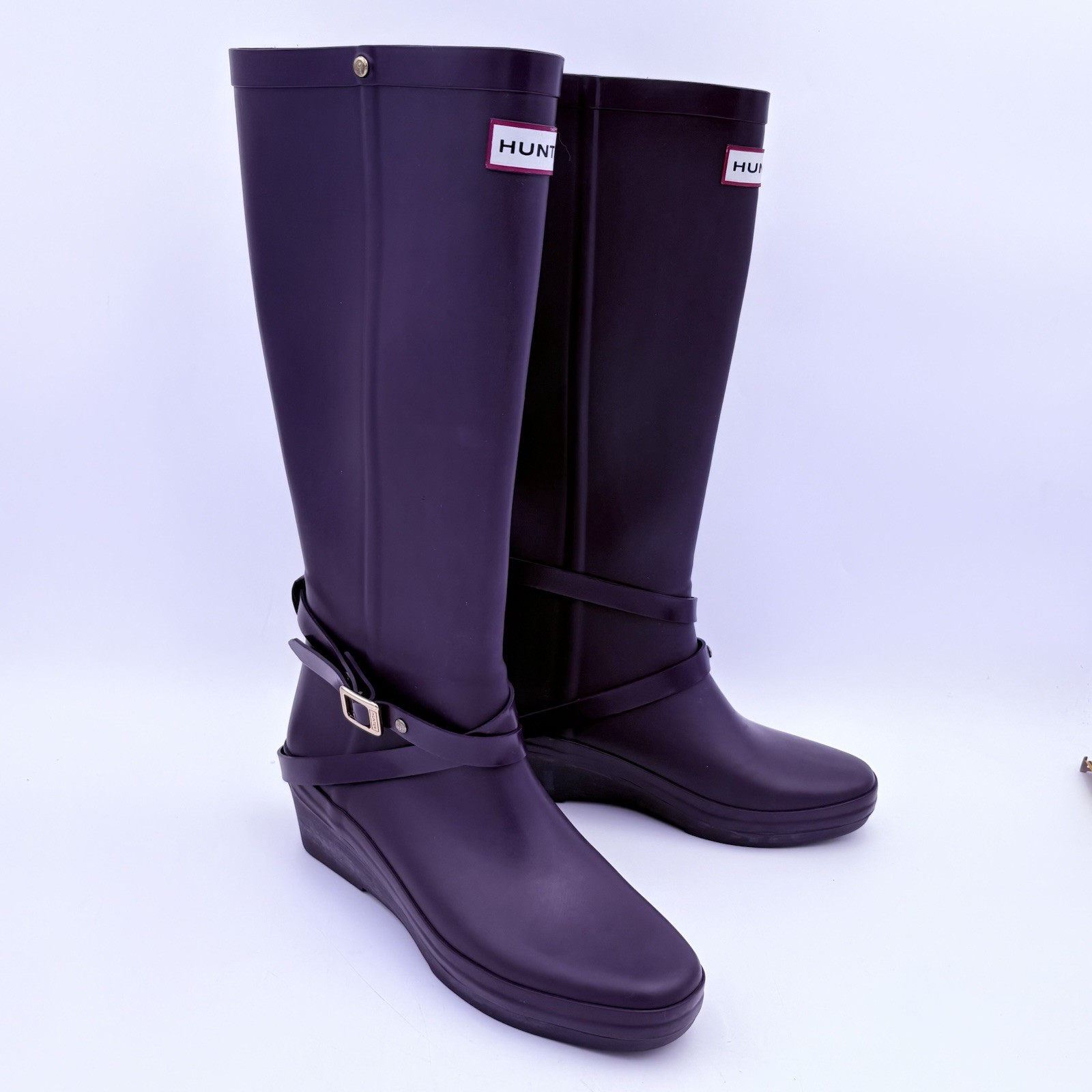 Hunter 6M Andora Deep Purple Boots Wedge Heel Knee High Waterproof Belt Detail