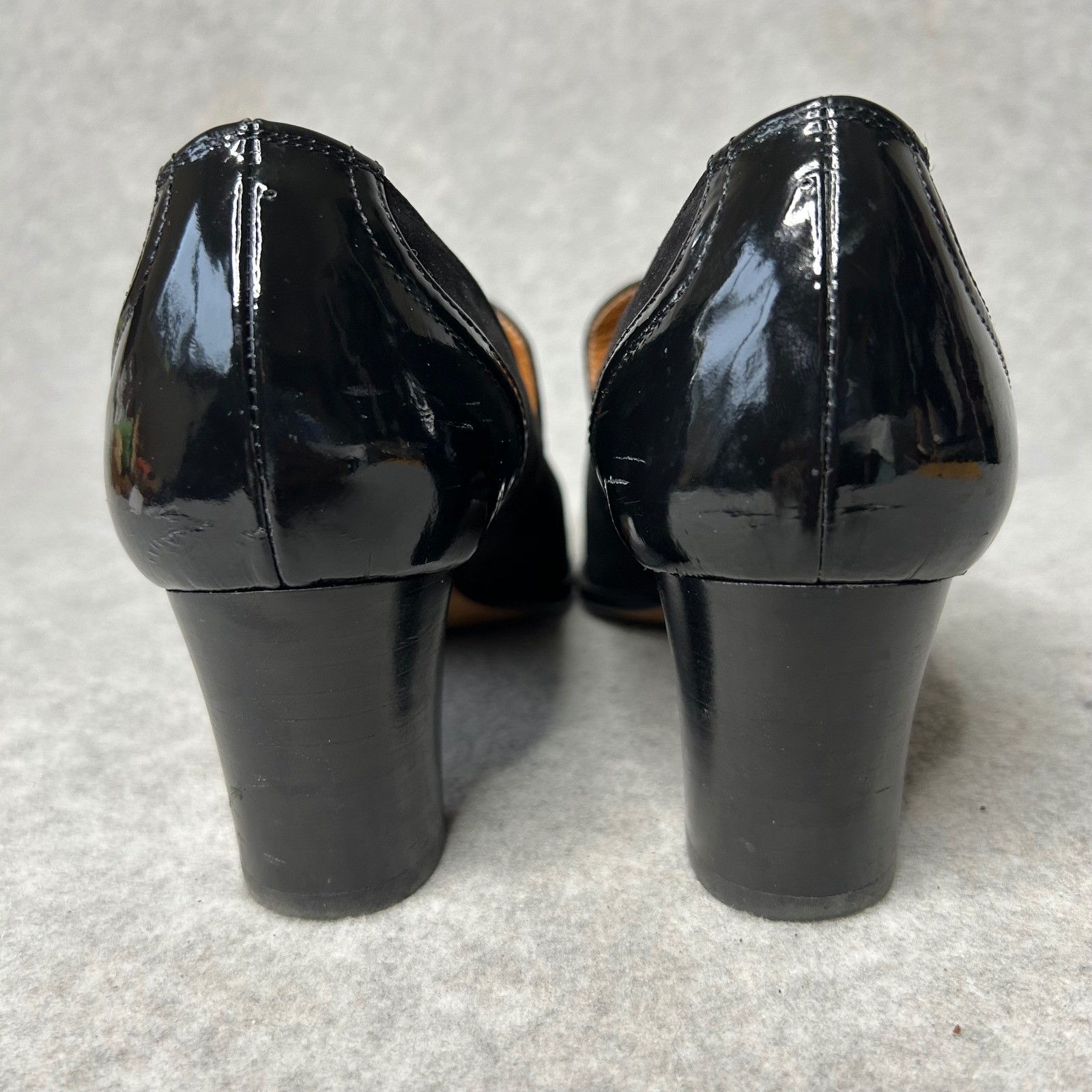 Odette e Odile Black Suede Patent Block Heel Tassel Loafers Made Japan 24 US 7