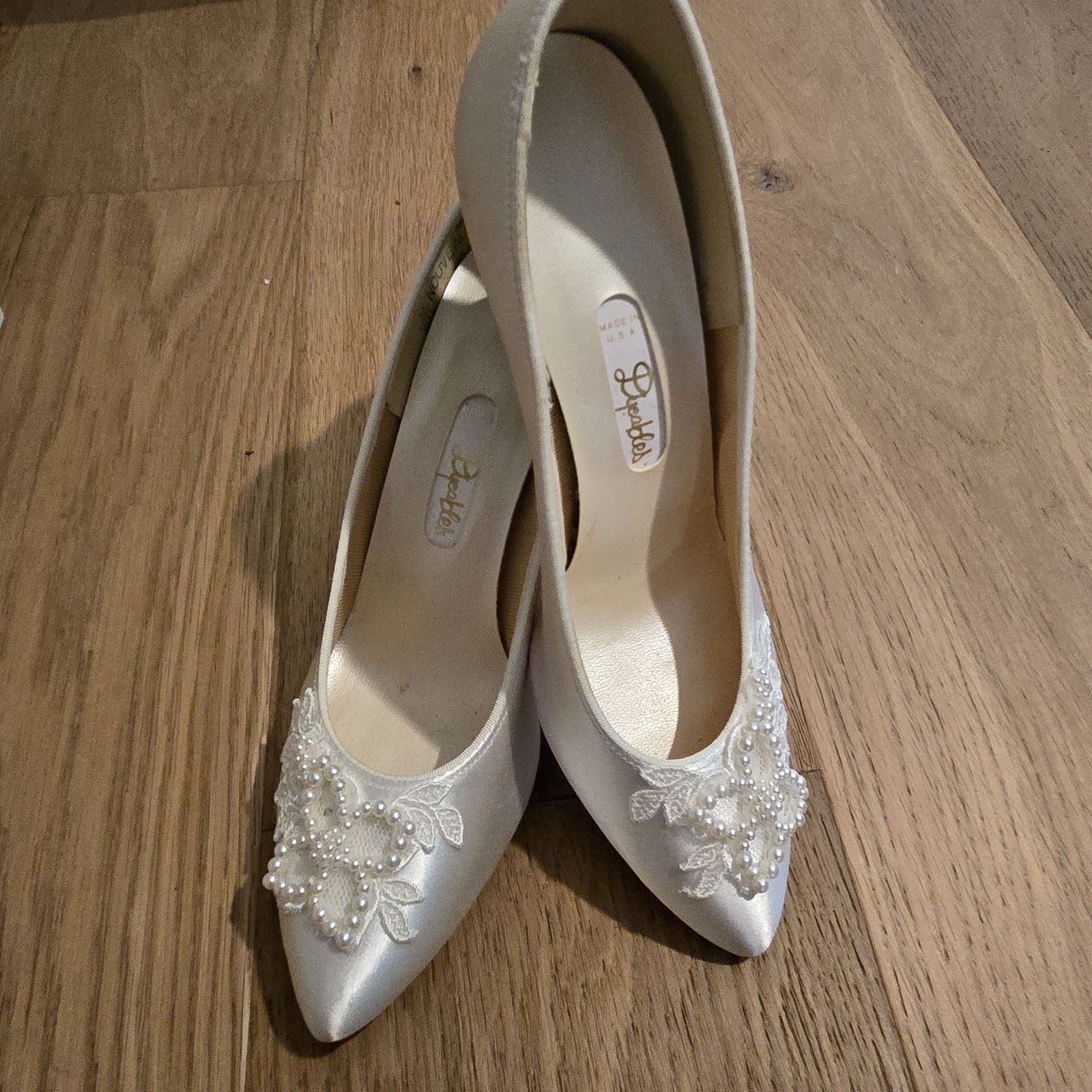 Vintage Retro Dyeables White Satin Pump Wedding Formal Beaded Heels 6.5B