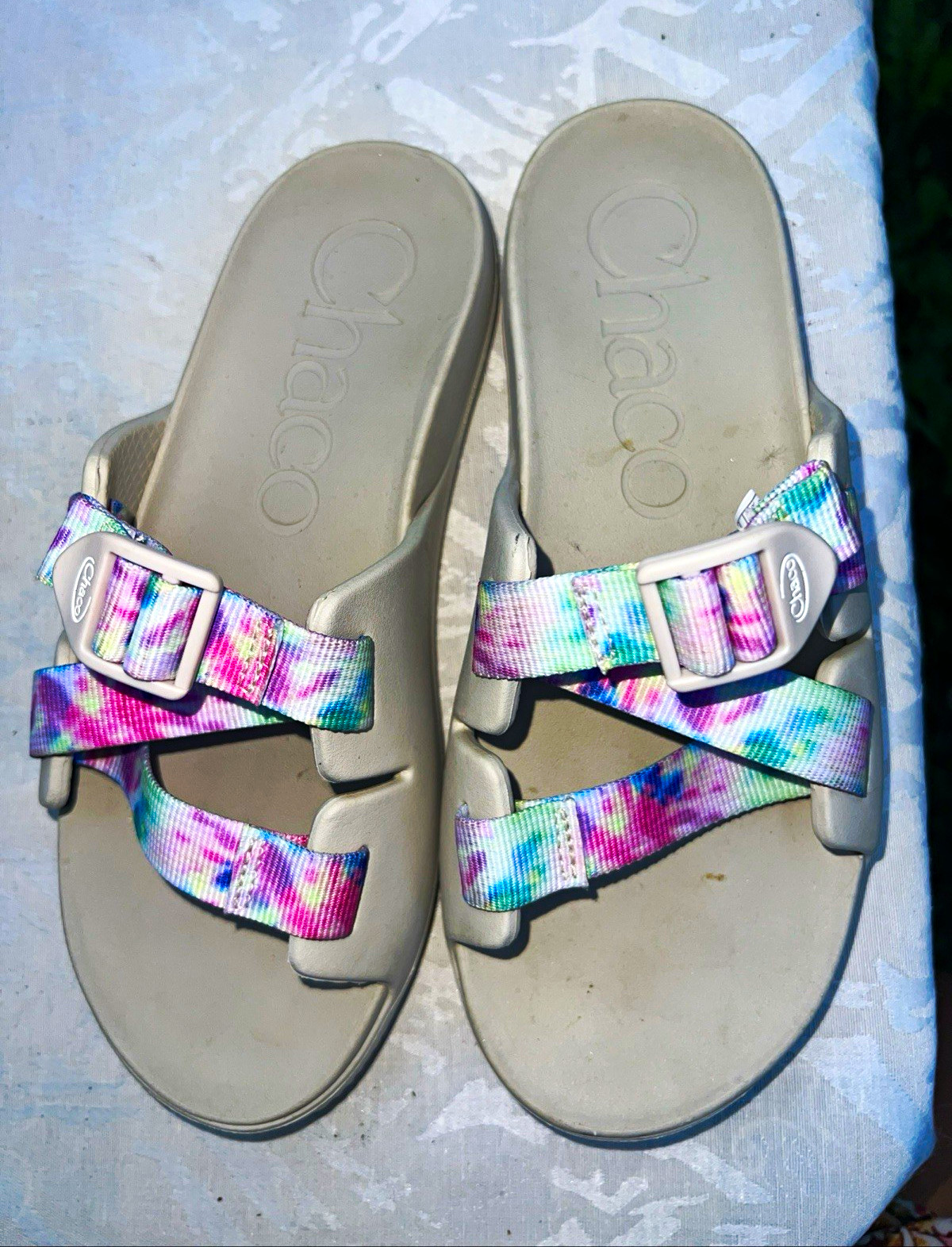 Chaco Women’s Gray/Multicolor Tie-Dye Slide Sandals Buckle Adjustable 6.5