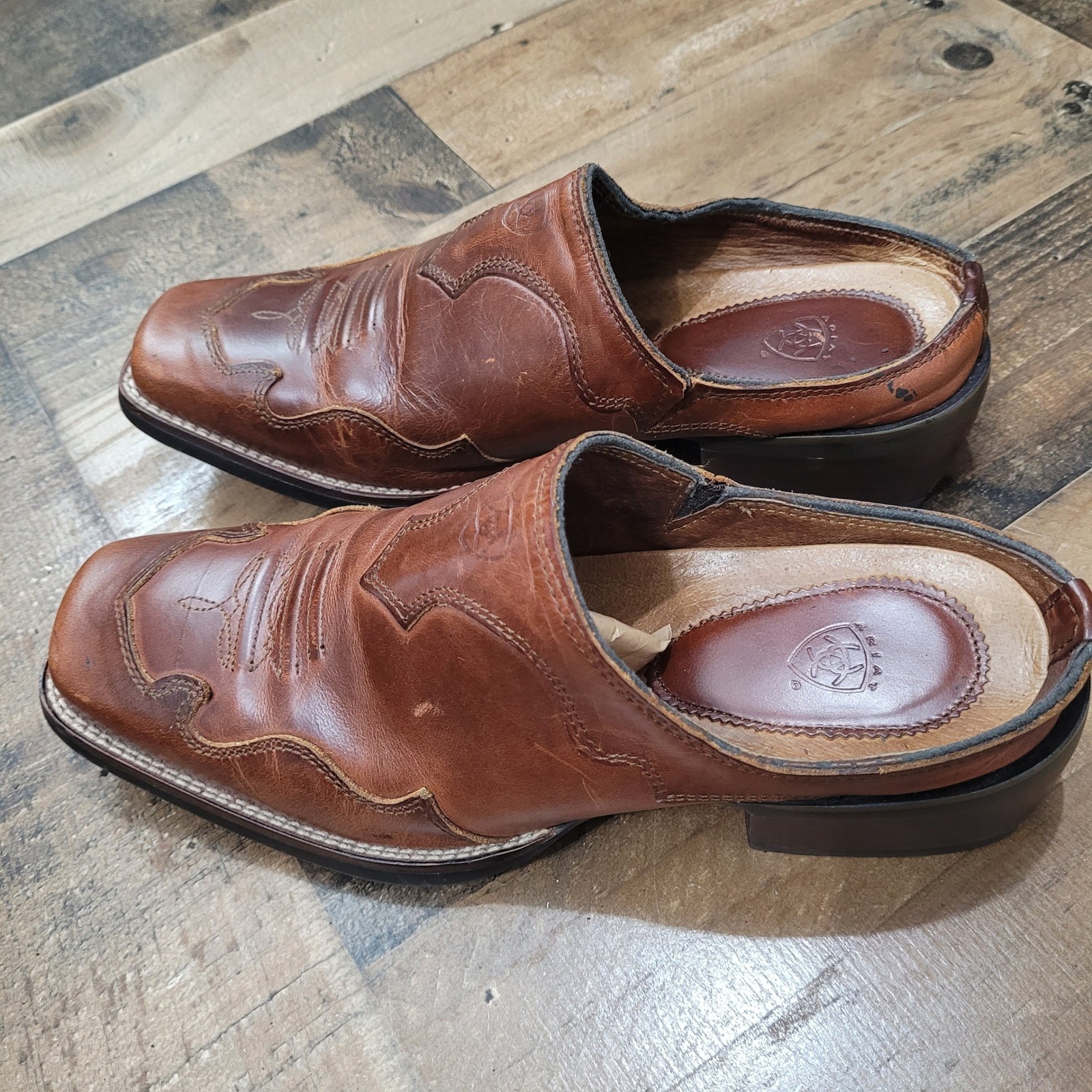 Ariat ATS Womens 6.5B Brown Leather Western Mule Slip On Clog Shoes