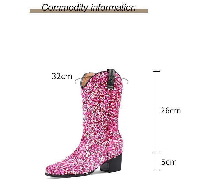 Fashion Women’s Gitter Sequins Pull On Mid Calf Boots Party Formal Casual Shoes
