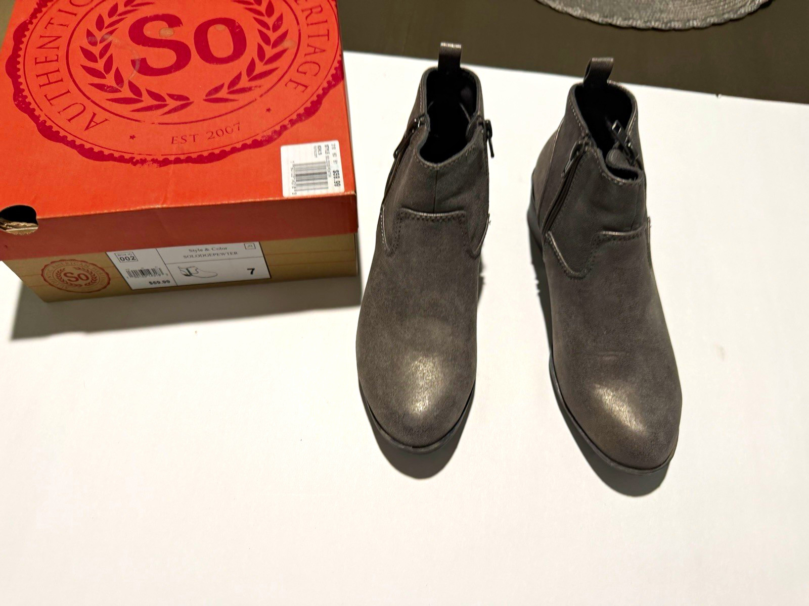 SO Lockie Women’s Gray Ankle Boots Zip Closure Zipper Round Toe US 7