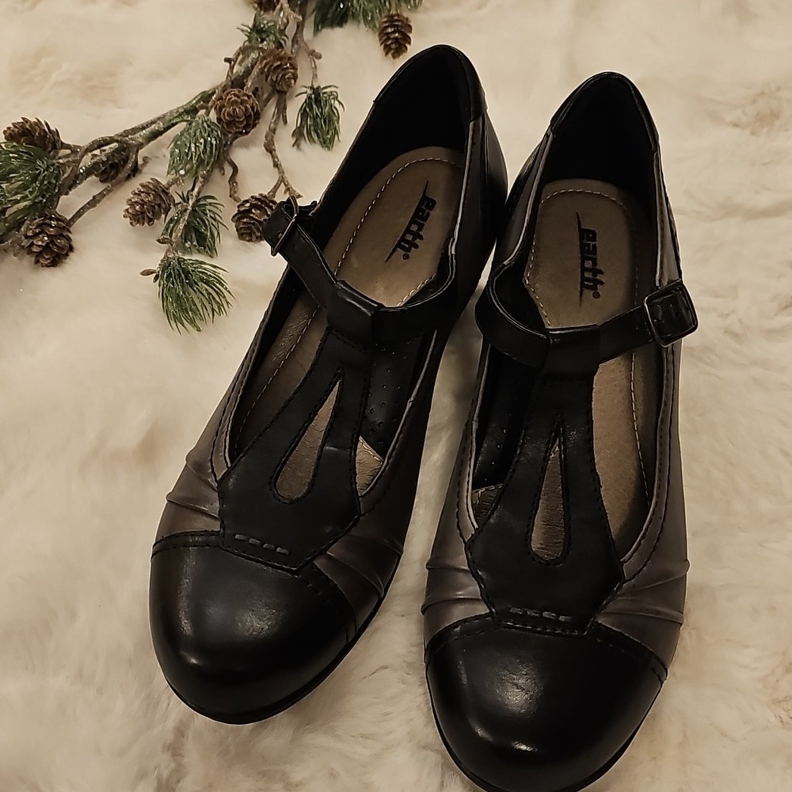 Earth Black Gray Leather Wanderlust Pumps Mary Janes Womens 9B VGUC
