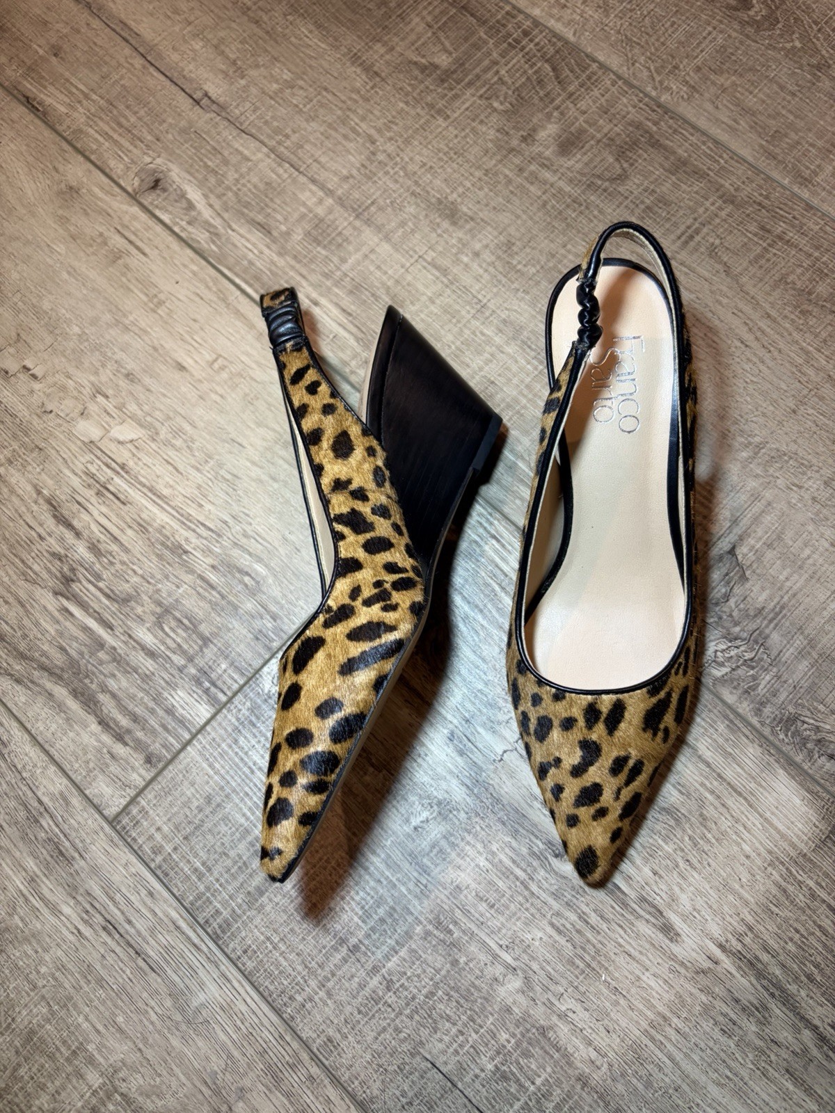 Franco Sarto Women’s Brown/Black Animal Print Pointed Toe Slingback Block Heels