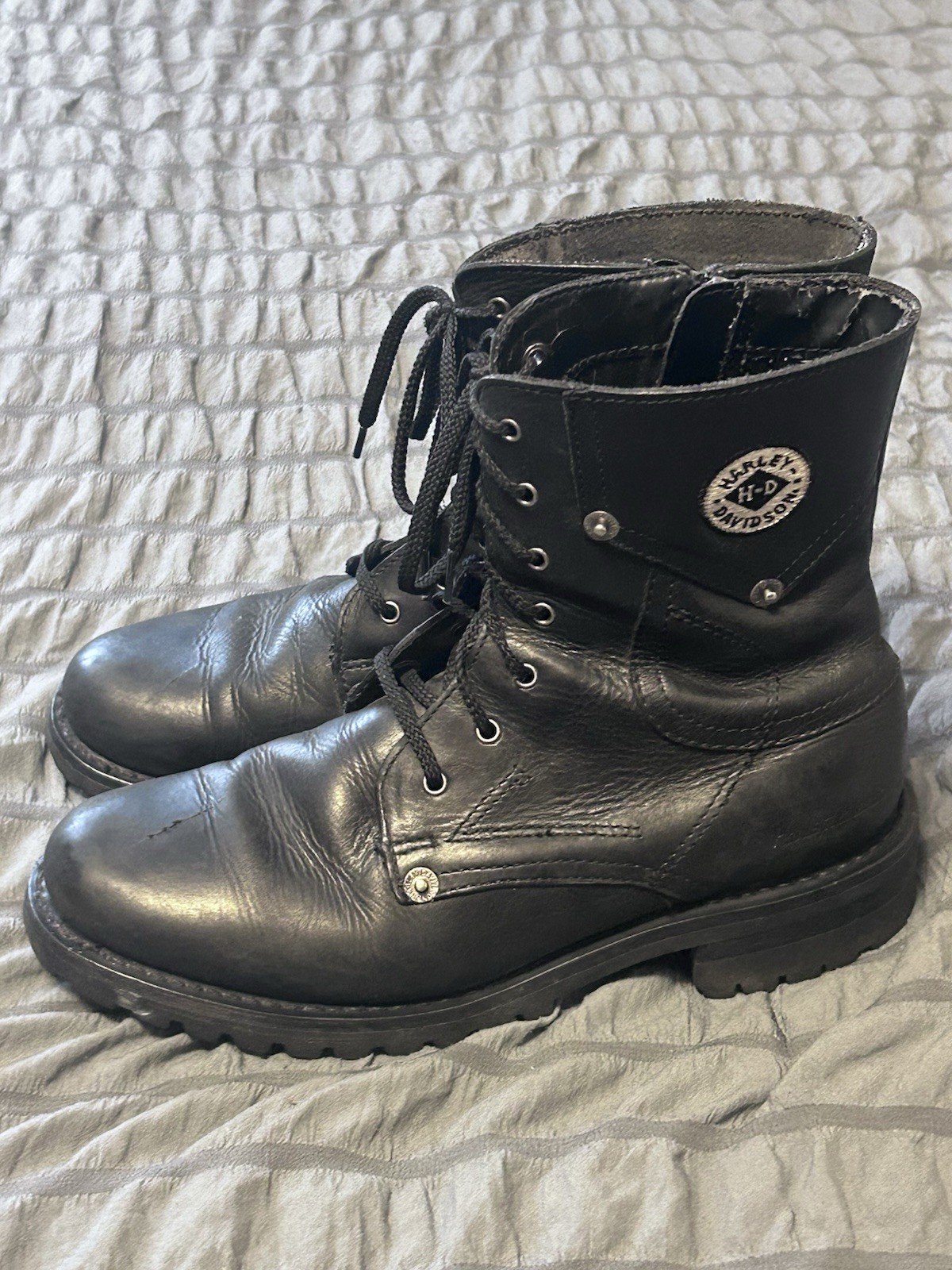 Harley Davidson Boots Womens 7.5 Black Leather 84070 Side Zipper Riding Motto