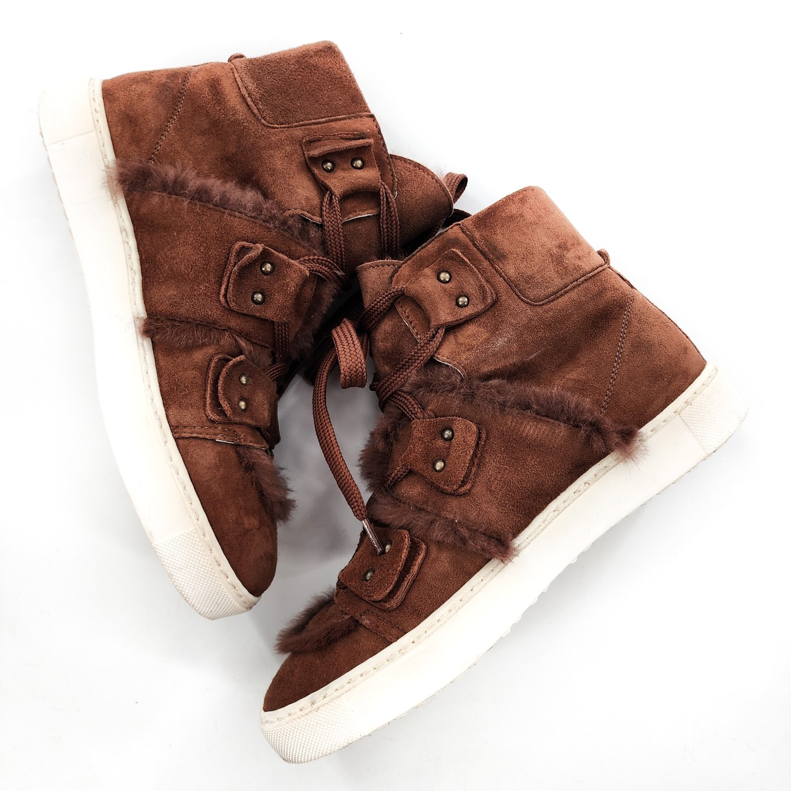 NAVYBOOT SWITZERLAND Brown Suede Lace Up High Top Sneakers Real Fur Size 37 6.5