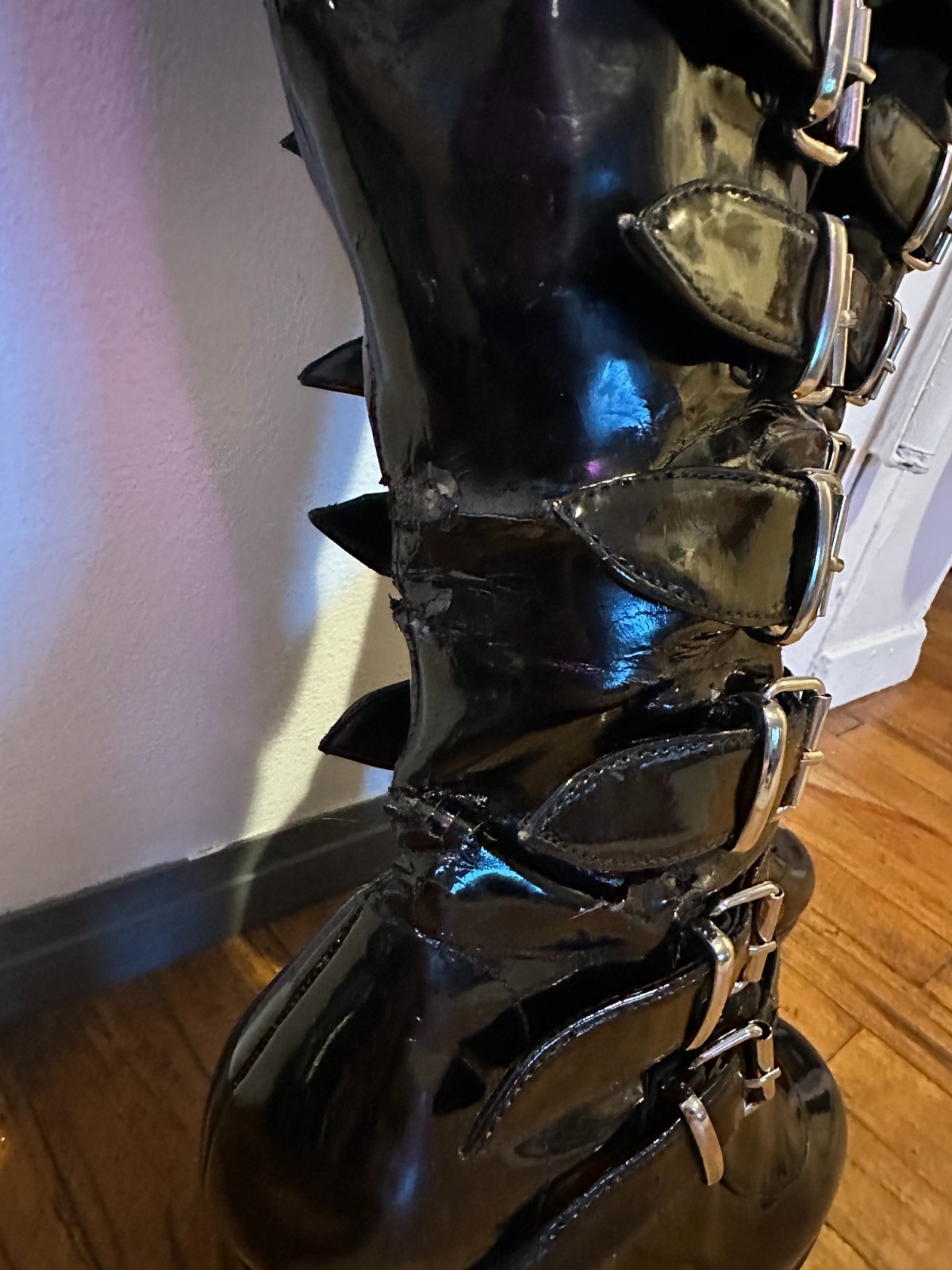 Demonia knee-high Patent Leather Boots, s8, silver hardware adjustable buckles