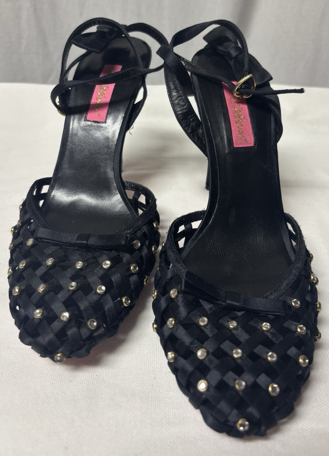 Betsey Johnson Women’s Satin Rhinestone Heels Ankle Strap and Bow Size 9 Black
